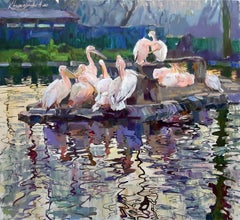 Pink Pelicans - Landscape Oil Painting Colors Blue Pink Green Purple Brown White