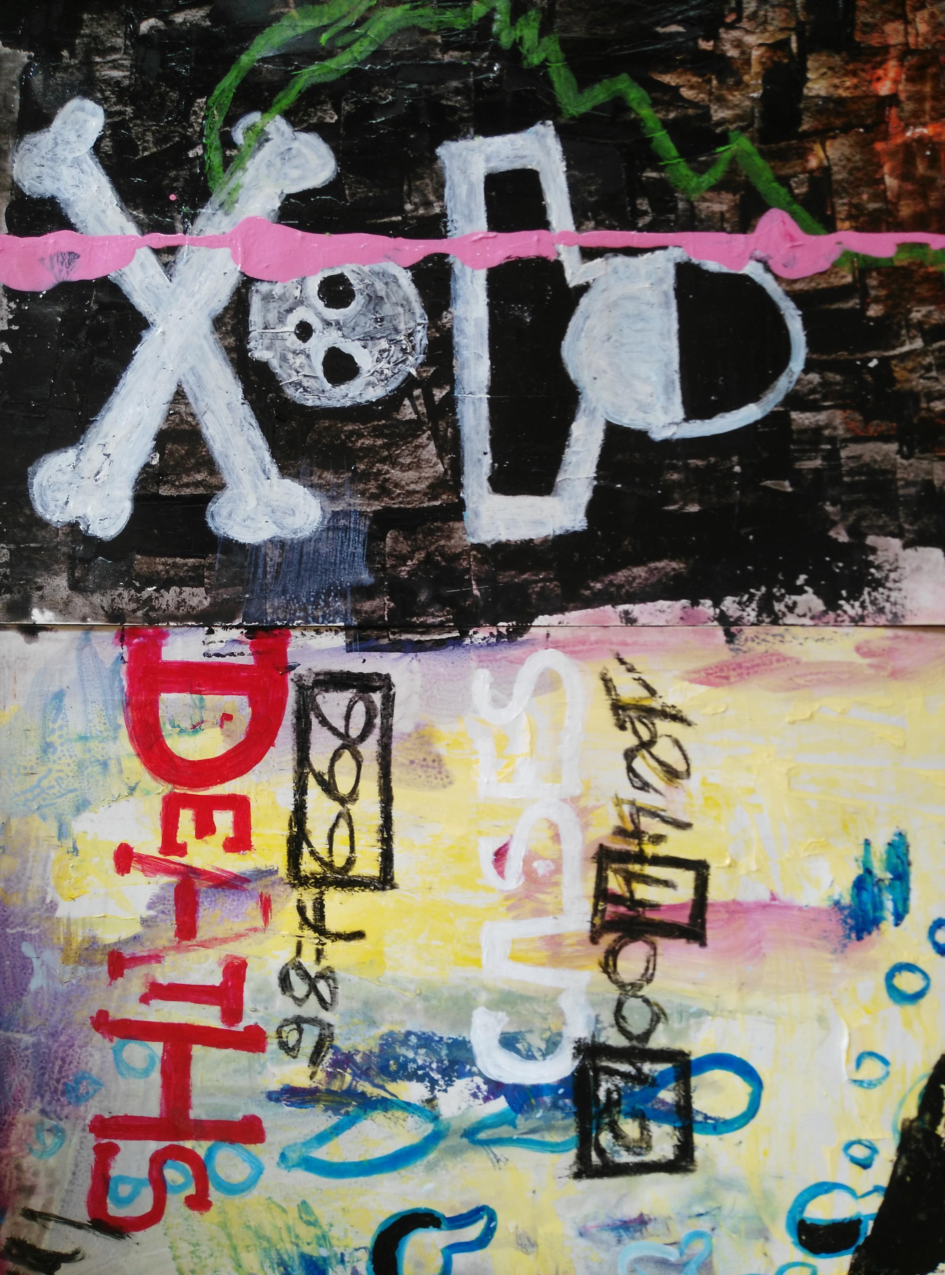 Angeli Apoc prima e dopo la guerra - Pittura astratta africana Blu Giallo Marrone - Abstract Painting Nero di Daté Kodjo Amouzou