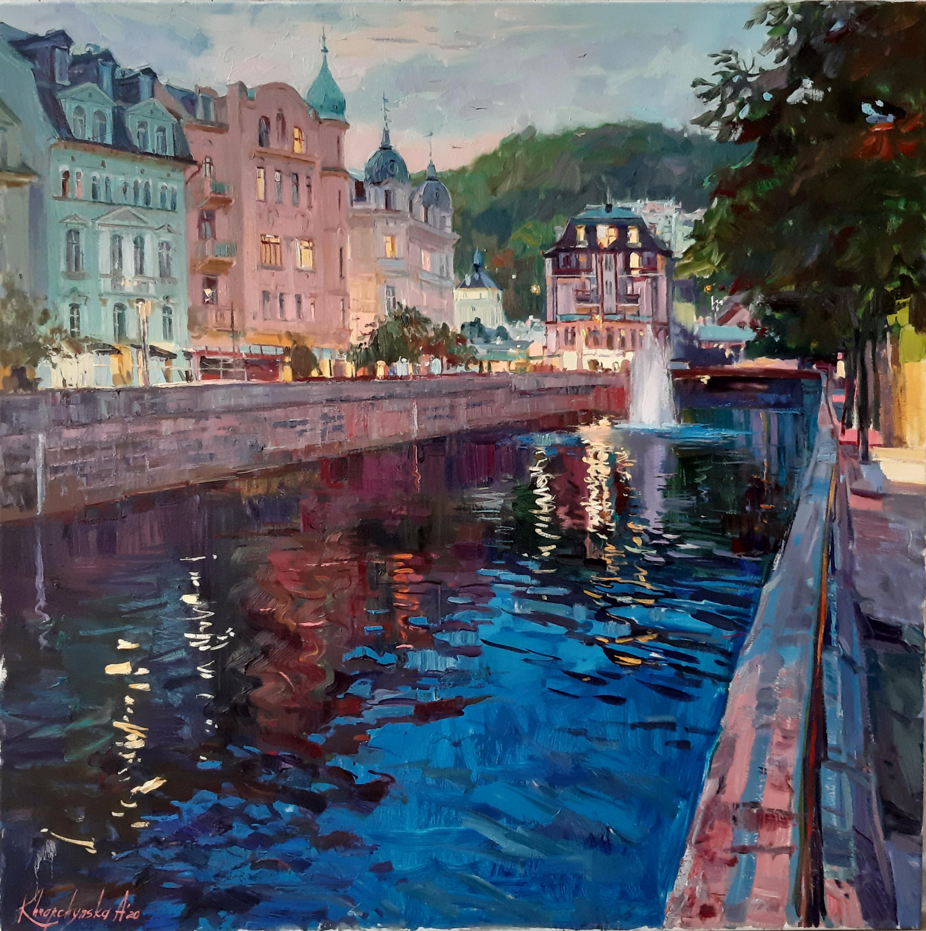 Alina Khrapchynska Landscape Painting - Embankment Karlovi Vary - Landscape Colors Blue Yellow Green White Pink Brown