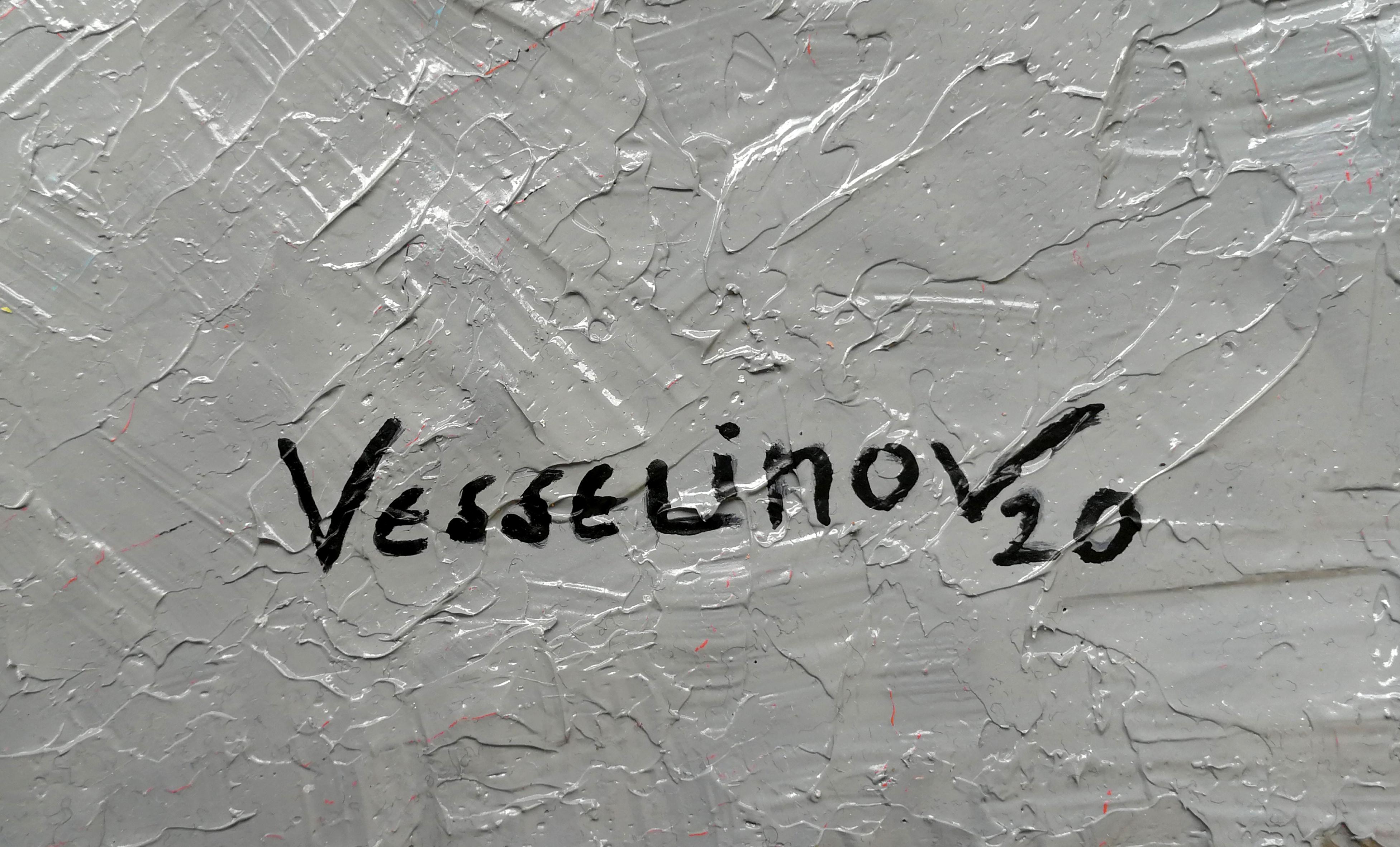 Songs From a Room - Gemälde in Farben Beige, Gelb, Grün, Orange, Weiß und Blau (Braun), Figurative Painting, von Vlado Vesselinov