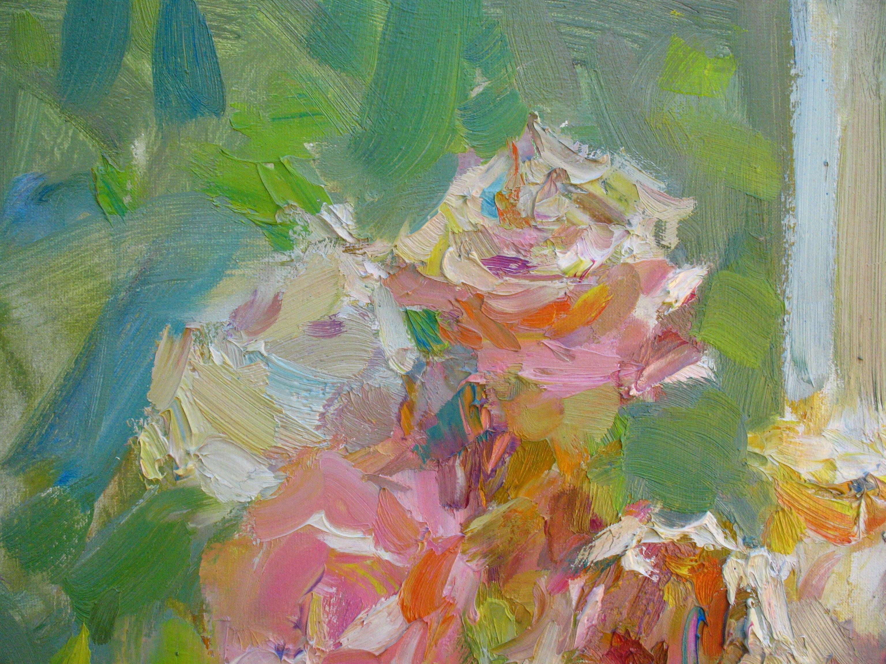 Nature morte dures - Peinture à l'huile sur toile, couleur vert, jaune, orange, bleu et rose - Impressionnisme Painting par Dmitriev Alexey Olegovich