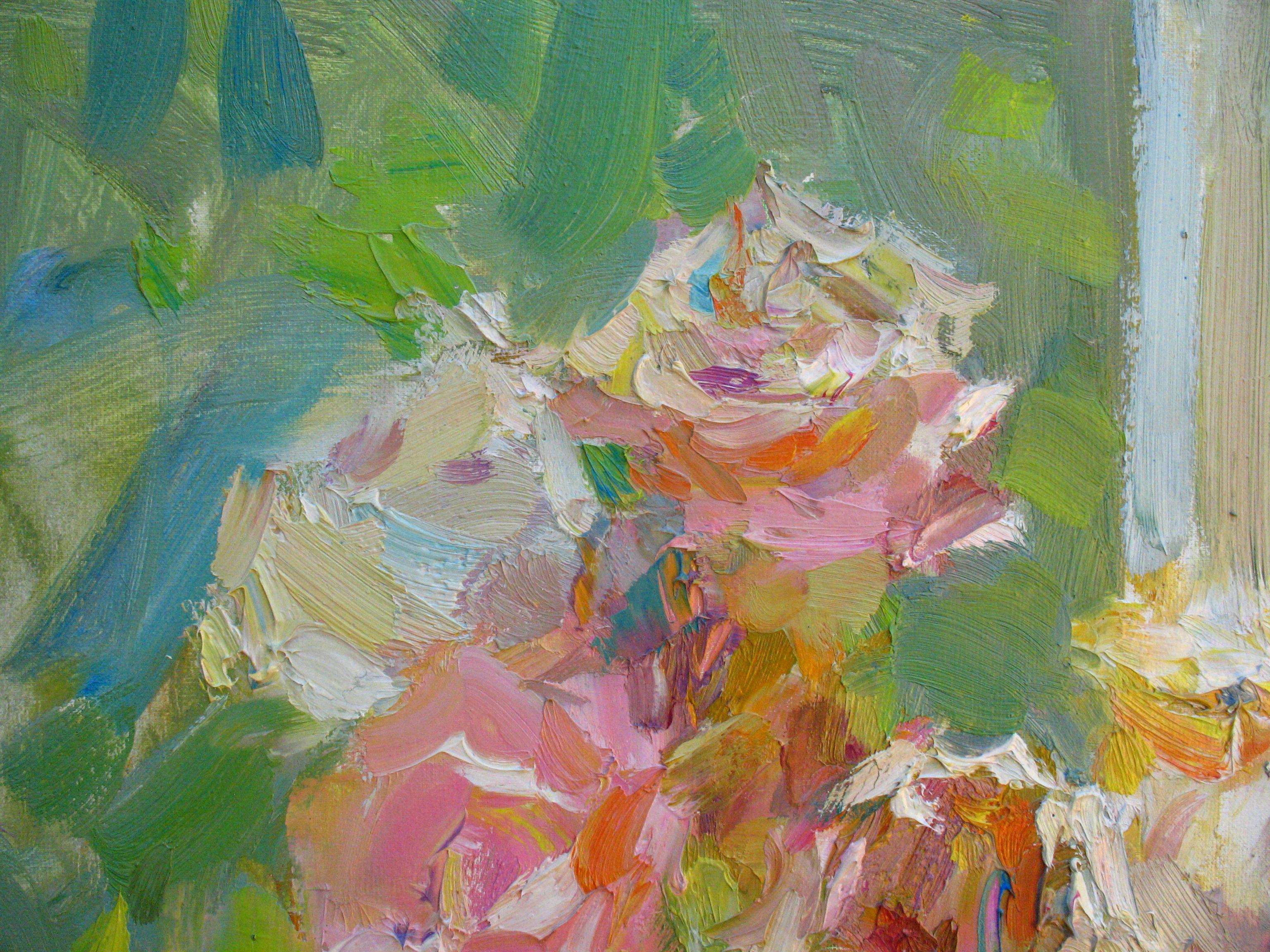 Tenerezza Natura Morta Pittura Olio Tela Colore Verde Giallo Arancione Blu Rosa - Painting Impressionismo di Dmitriev Alexey Olegovich