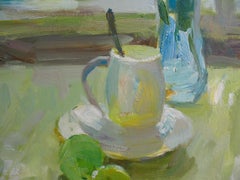 Nature morte dures - Peinture à l'huile sur toile, couleur vert, jaune, orange, bleu et rose