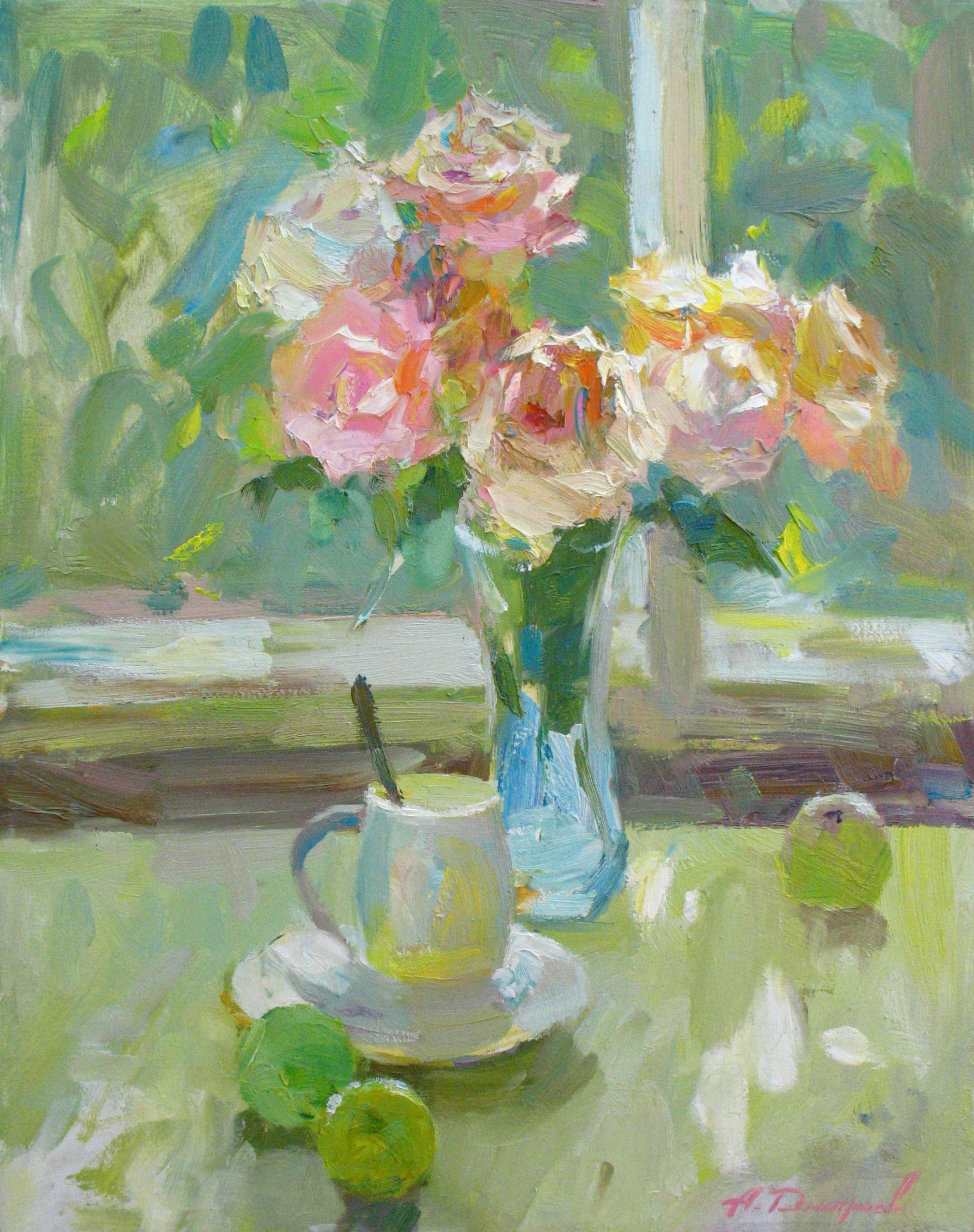 Dmitriev Alexey Olegovich Still-Life Painting - Tenderness Still Life Painting Oil Canvas Color Green Yellow Orange Blue Pink