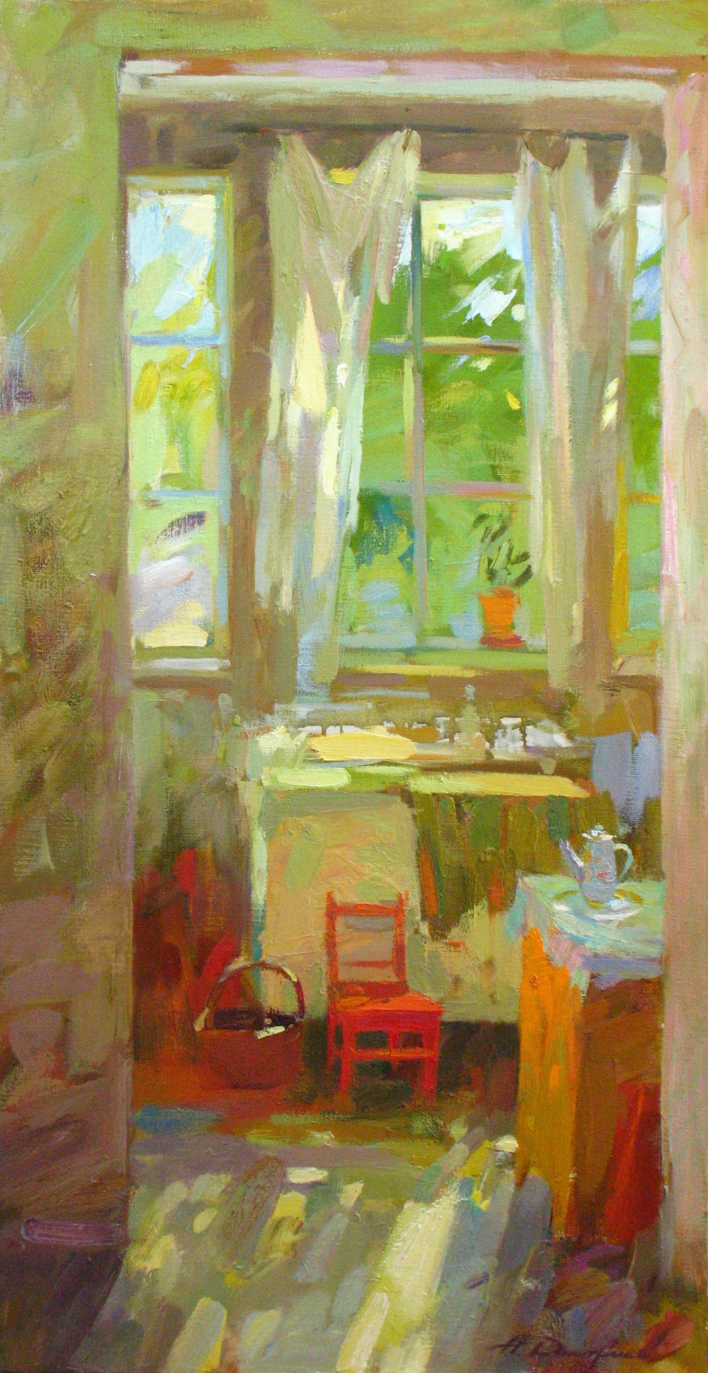 Dmitriev Alexey Olegovich Interior Painting - Sunny Morning Landscape Painting Oil Canvas Colors Green Yellow Orange Blue Red