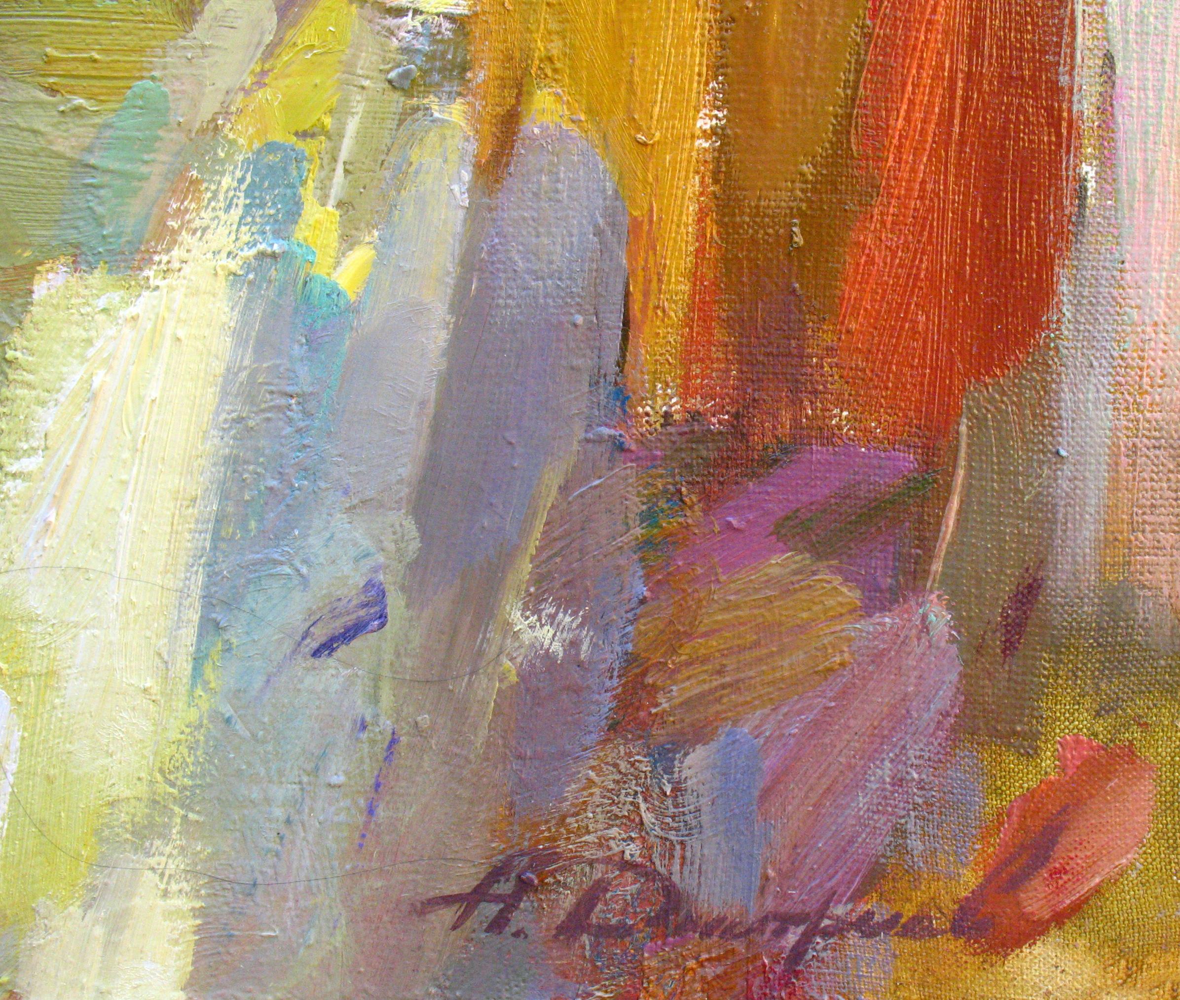 Peinture à l'huile sur toile - Paysage du matin ensoleillé - Couleurs vert, jaune, orange, bleu et rouge - Painting de Dmitriev Alexey Olegovich