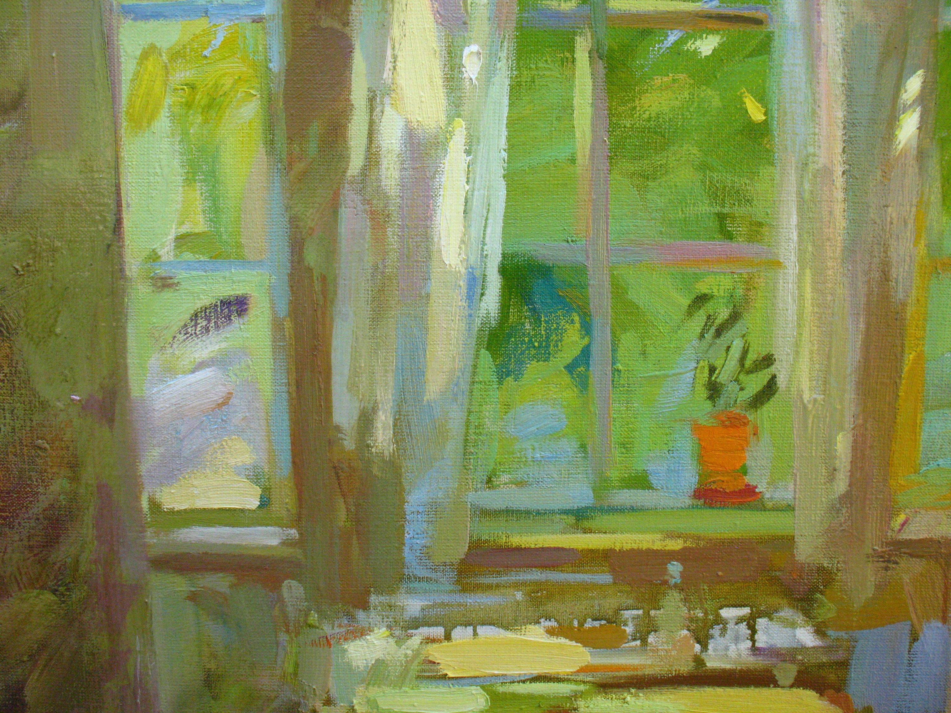 Peinture à l'huile sur toile - Paysage du matin ensoleillé - Couleurs vert, jaune, orange, bleu et rouge - Impressionnisme Painting par Dmitriev Alexey Olegovich