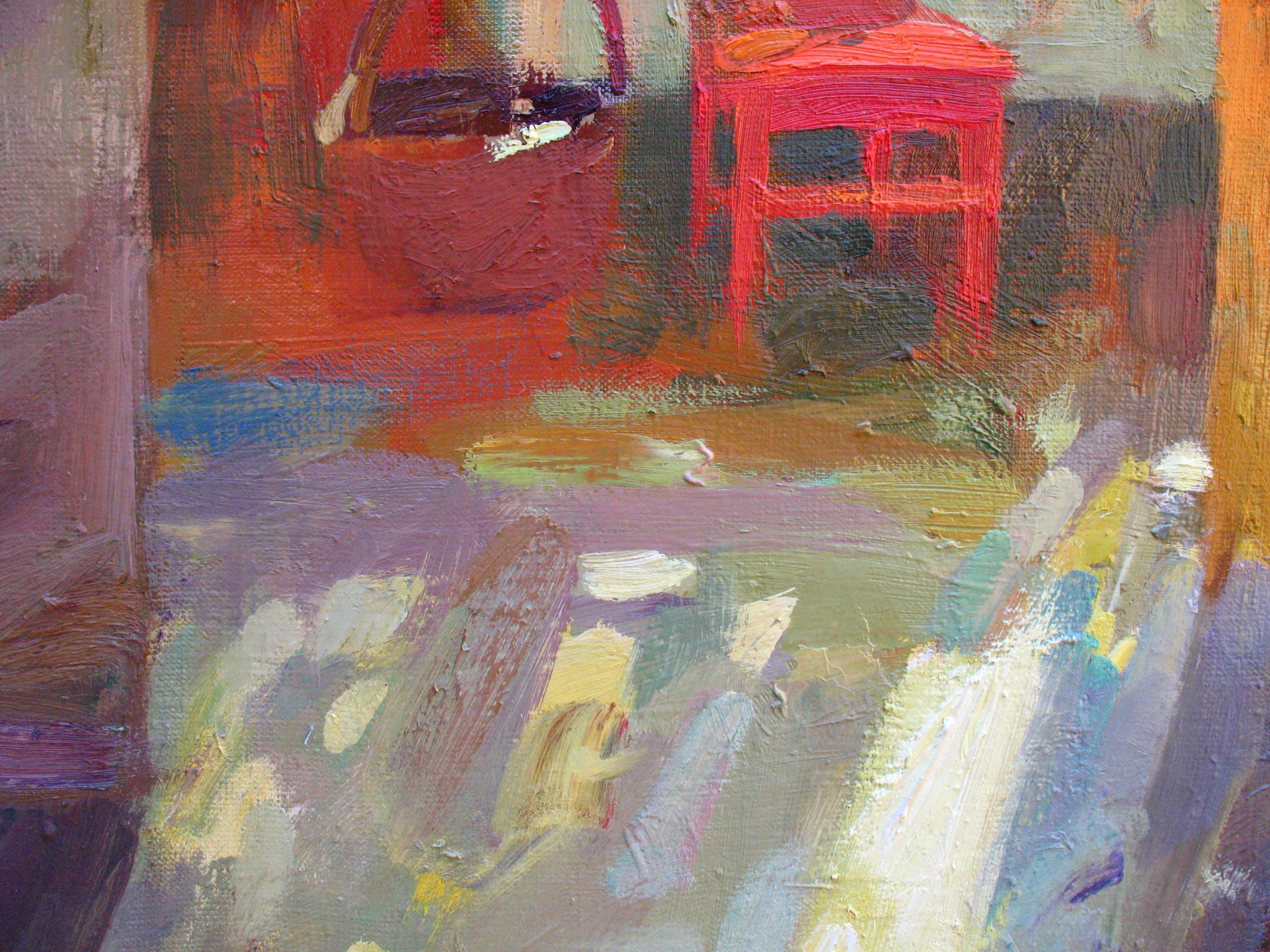 Peinture à l'huile sur toile - Paysage du matin ensoleillé - Couleurs vert, jaune, orange, bleu et rouge - Marron Interior Painting par Dmitriev Alexey Olegovich