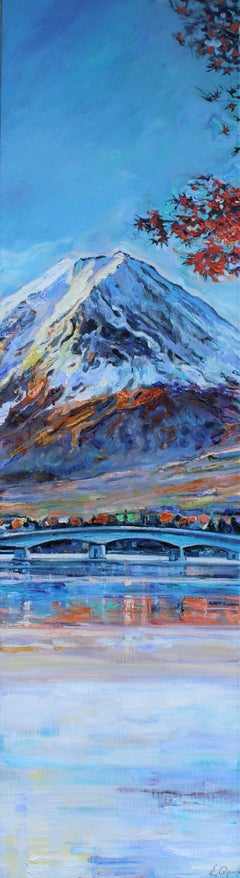 Mont Fuji Pittura Paesaggio Olio Tela Colore Bianco Giallo Grigio Arancione Blu Rosso