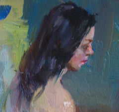 Peinture à l'huile sur toile - Nu figuratif Reverie - Blanc - Gris - Vert