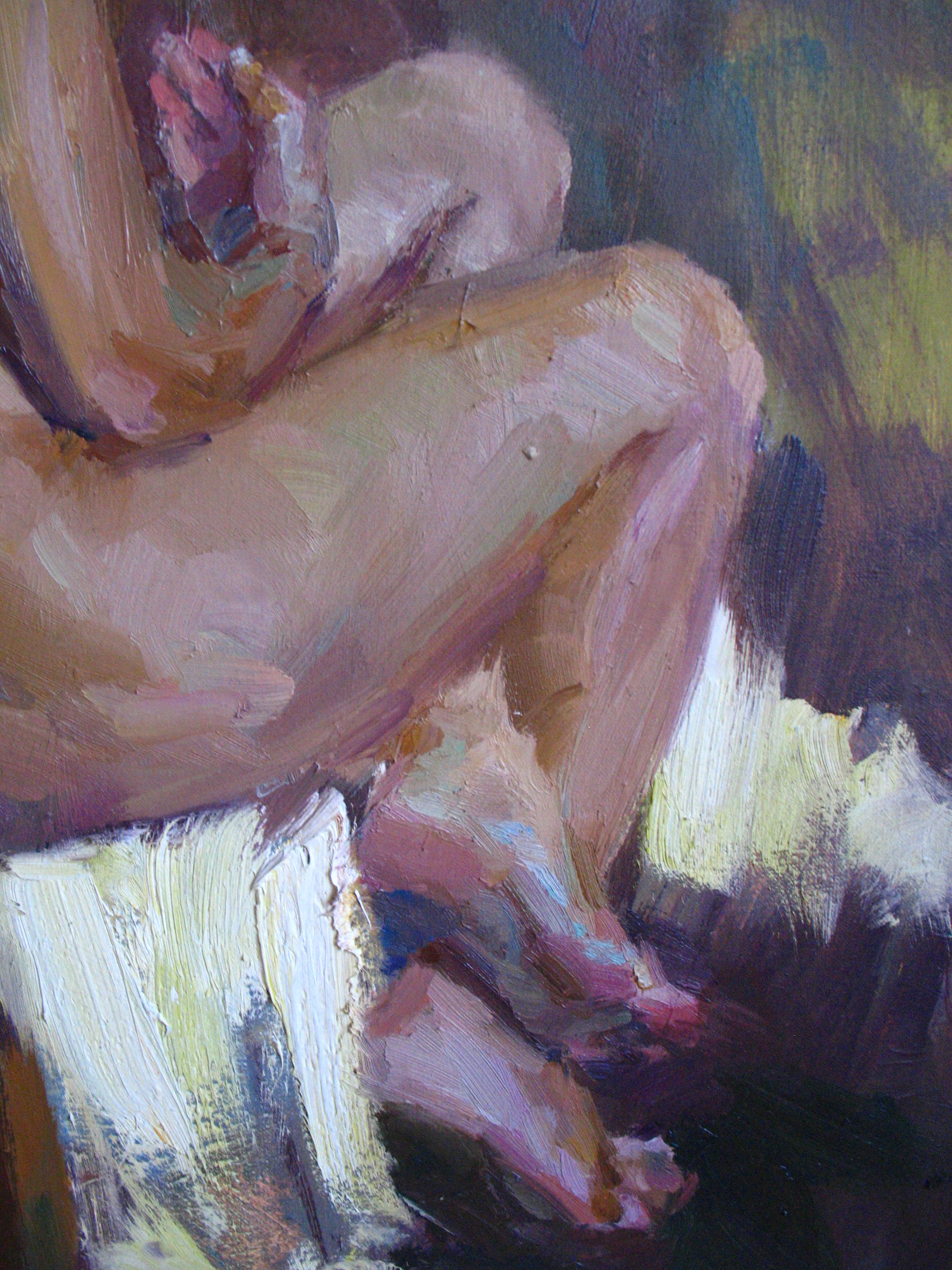 Reverie Figuratives Nacktes Gemälde Öl Leinwand Farbe Weiß Grau Grün (Impressionismus), Painting, von Dmitriev Alexey Olegovich