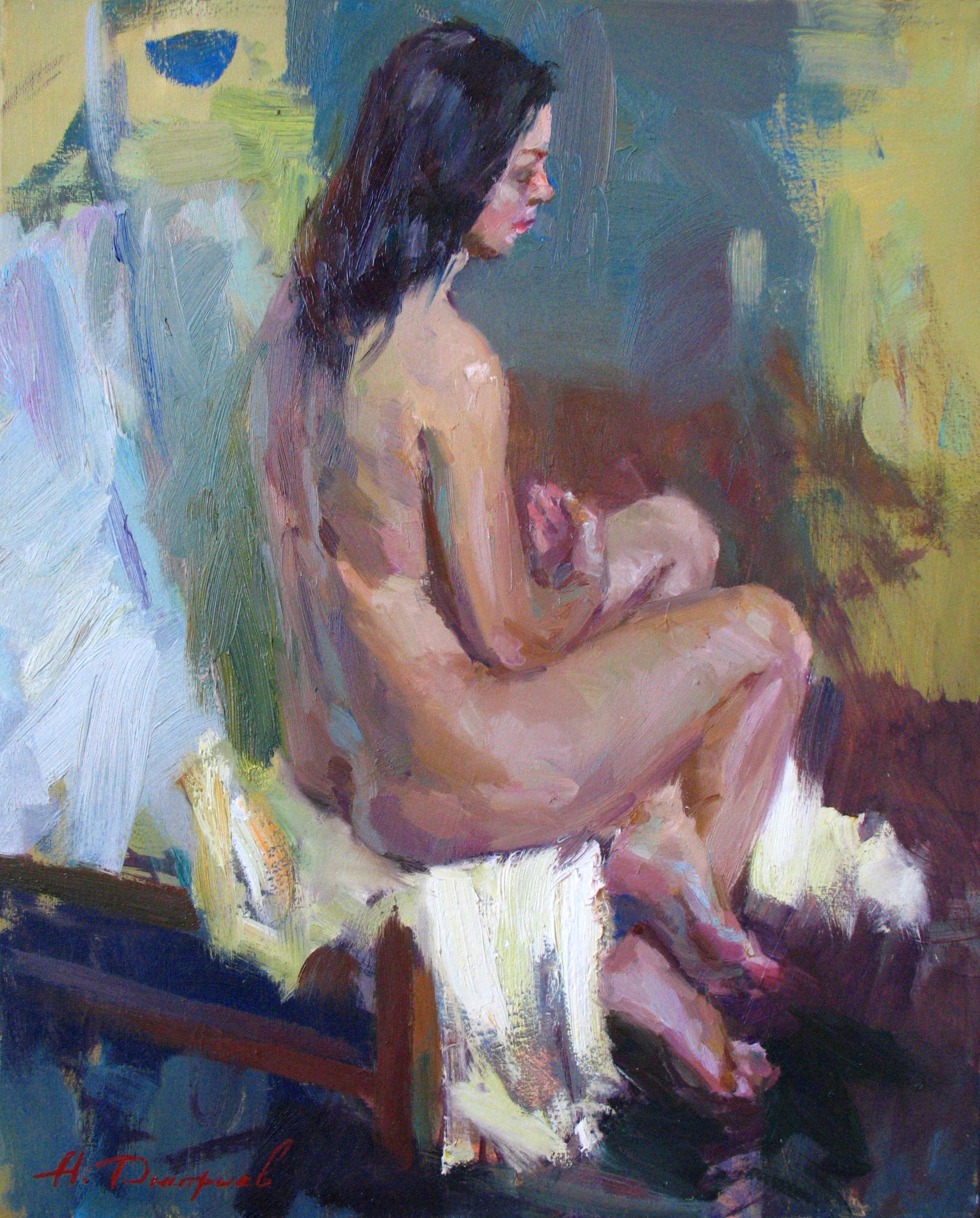 Reverie Figurative Nude Painting Oil Canvas Color White Grey Green