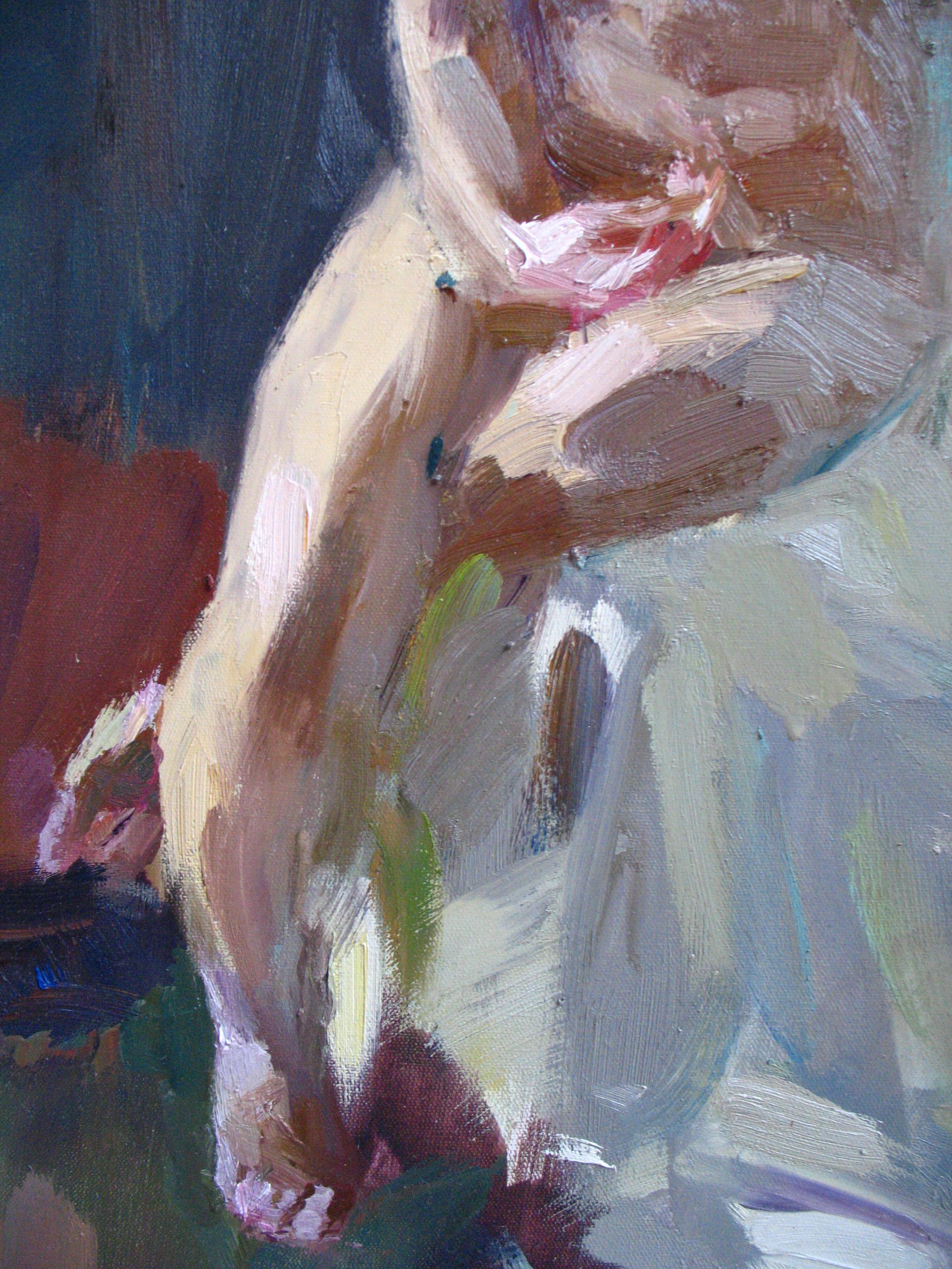 Akt Figuratives Akt Gemälde Öl Leinwand Farbe Weiß Gelb Rosa Grün – Painting von Dmitriev Alexey Olegovich