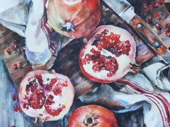 Still Life With Pomegranates - Painting Aquatint Pastel Color Red Grey White