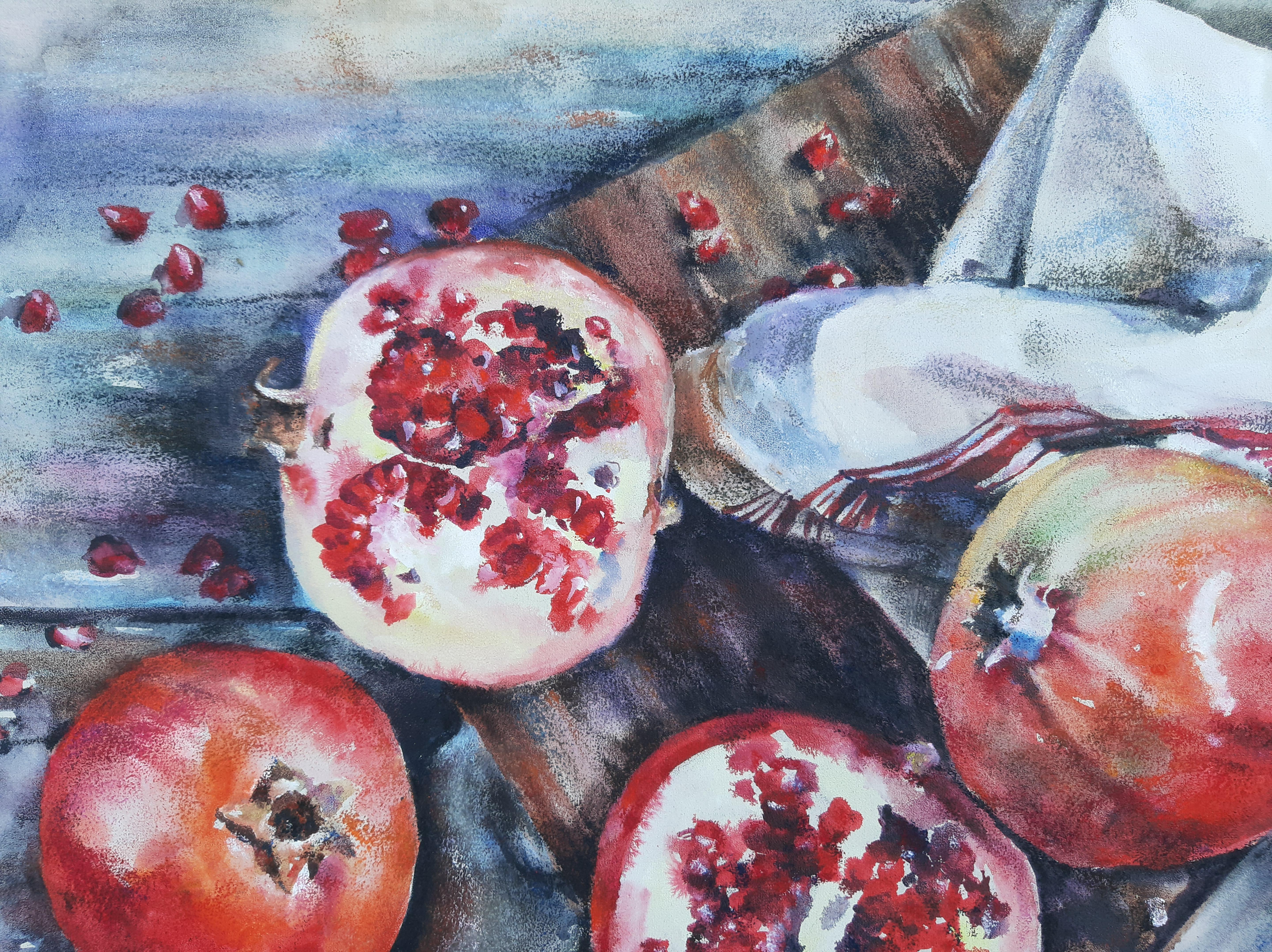 Still Life With Pomegranates - Painting Aquatint Pastel Color Red Grey White - Gray Still-Life Painting by Marina Dobrovolskaya