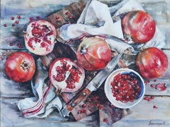 Bodegón Con Granadas - Pintura Aguatinta Color Pastel Rojo Gris Blanco
