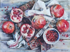 Still Life With Pomegranates - Painting Aquatint Pastel Color Red Grey White