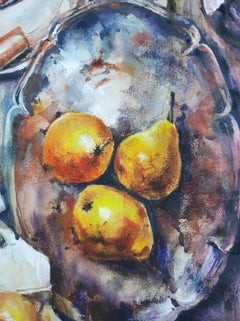 Stillleben mit Birnen - Gemälde Aquatinta Pastellfarbe Gelb-Grau-Weiß