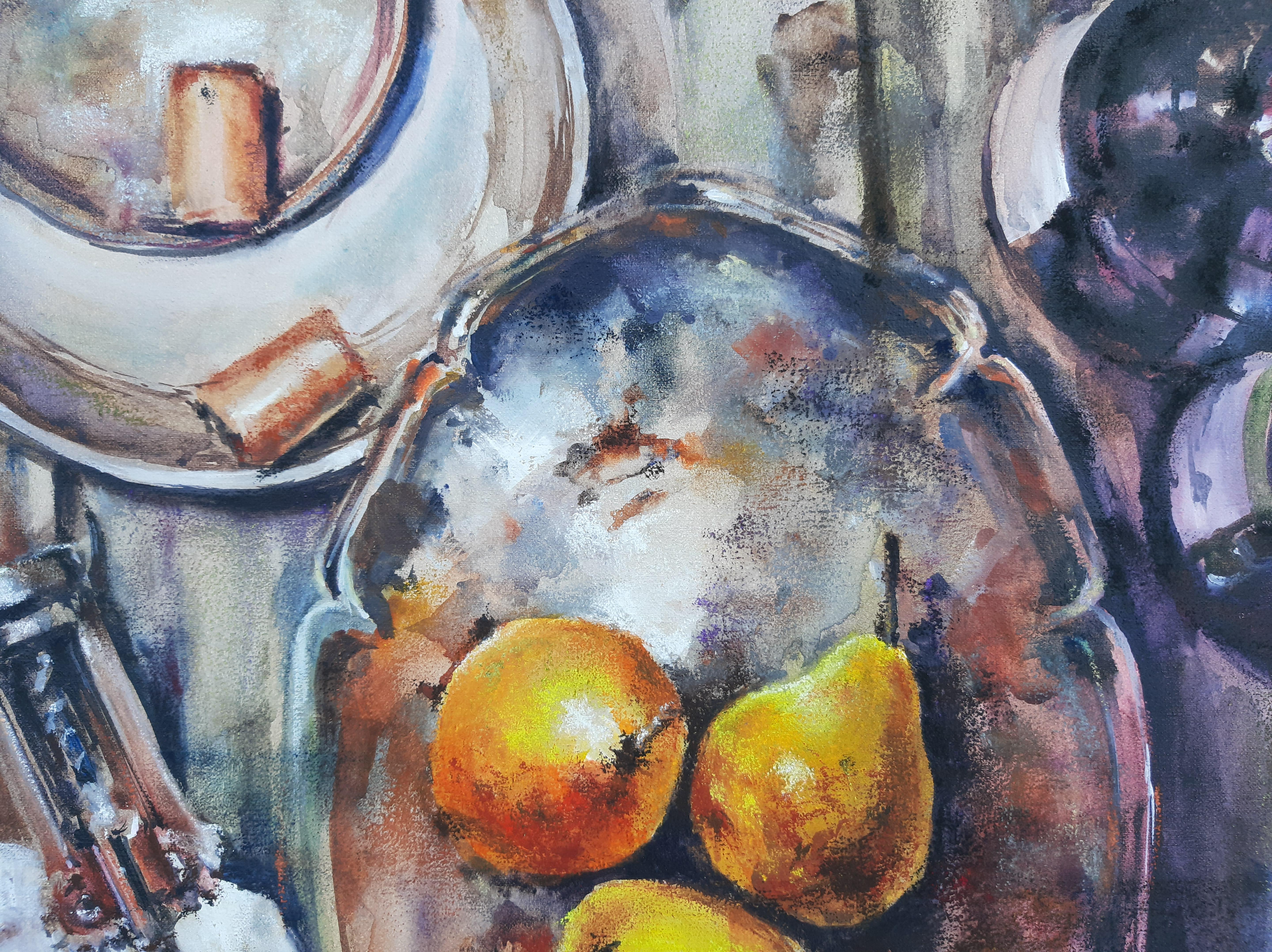 Still Life With Pears - Painting Aquatint Pastel Color Yellow Grey White 1