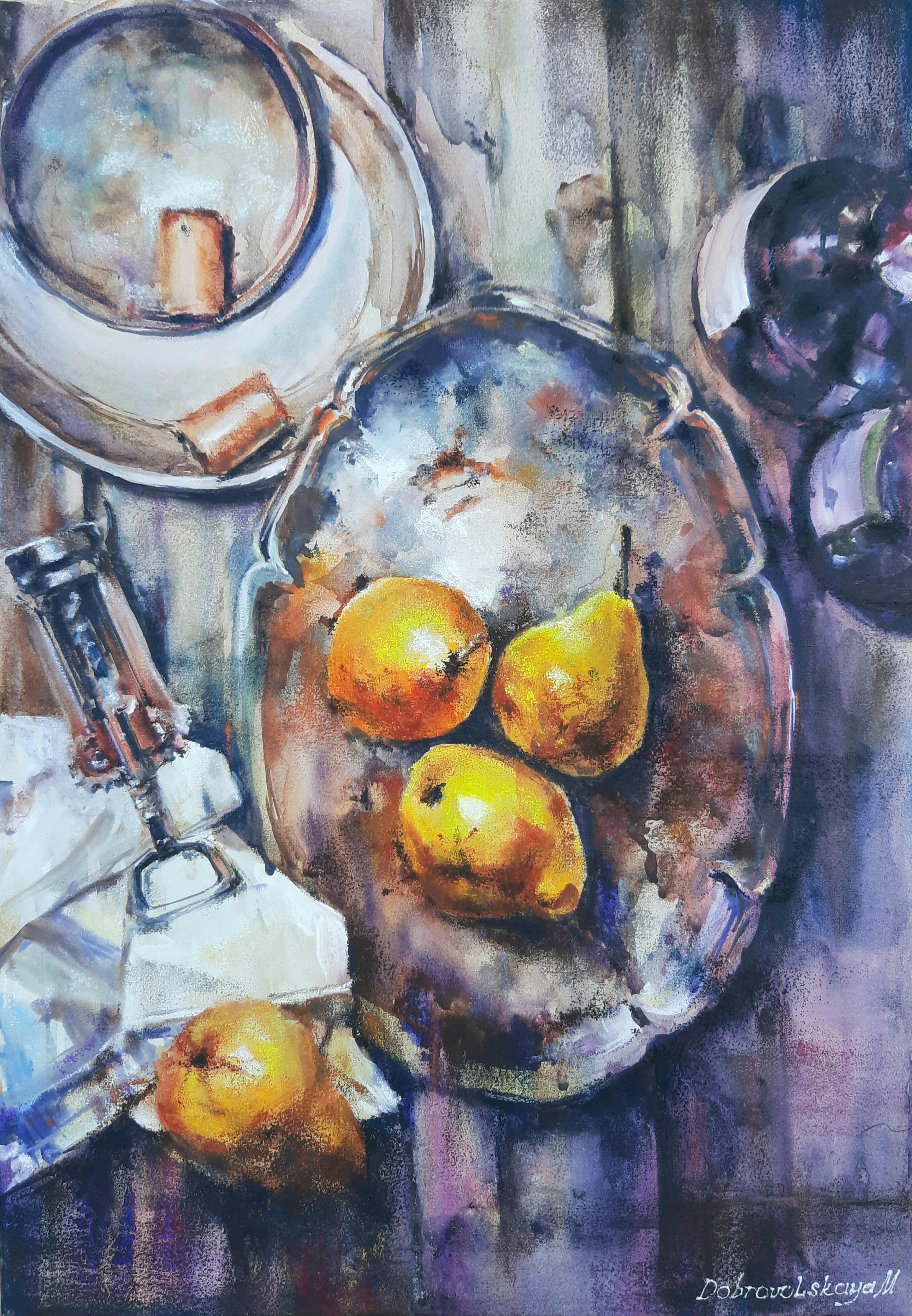 Marina Dobrovolskaya Still-Life Painting - Still Life With Pears - Painting Aquatint Pastel Color Yellow Grey White