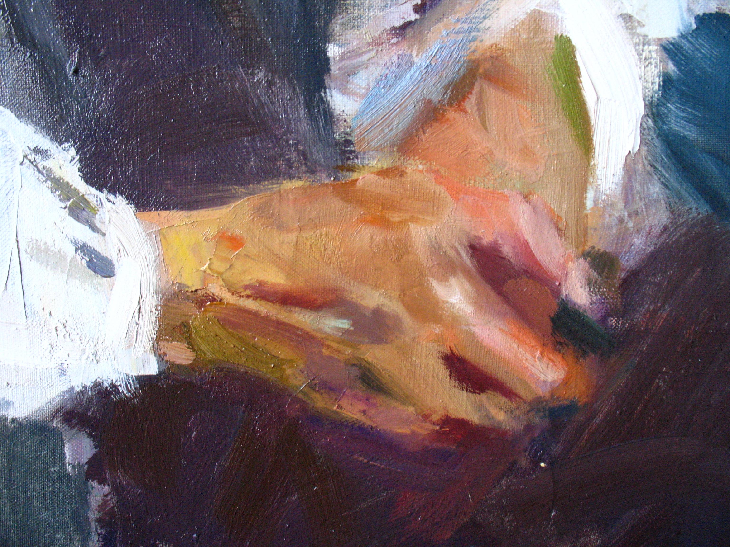 Thoughts des femmes -  Peinture figurative à l'huile sur toile, couleur blanc, rouge, brun  - Impressionnisme Painting par Dmitriev Alexey Olegovich