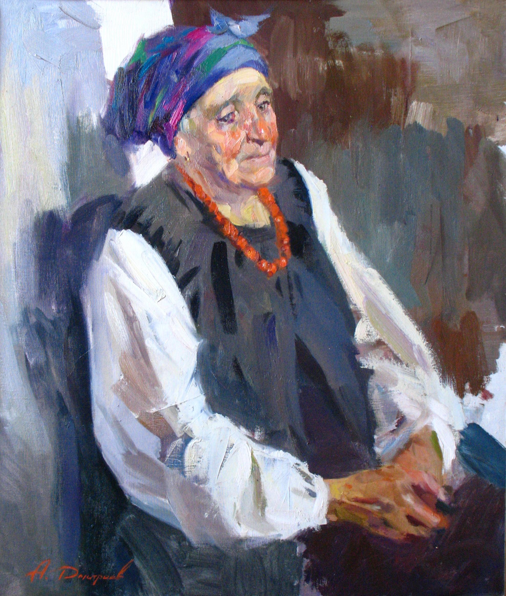 Dmitriev Alexey Olegovich Figurative Painting – Thoughts für Damen –  Figuratives Gemälde, Öl, Leinwand, Farbe Weiß Rot Braun 