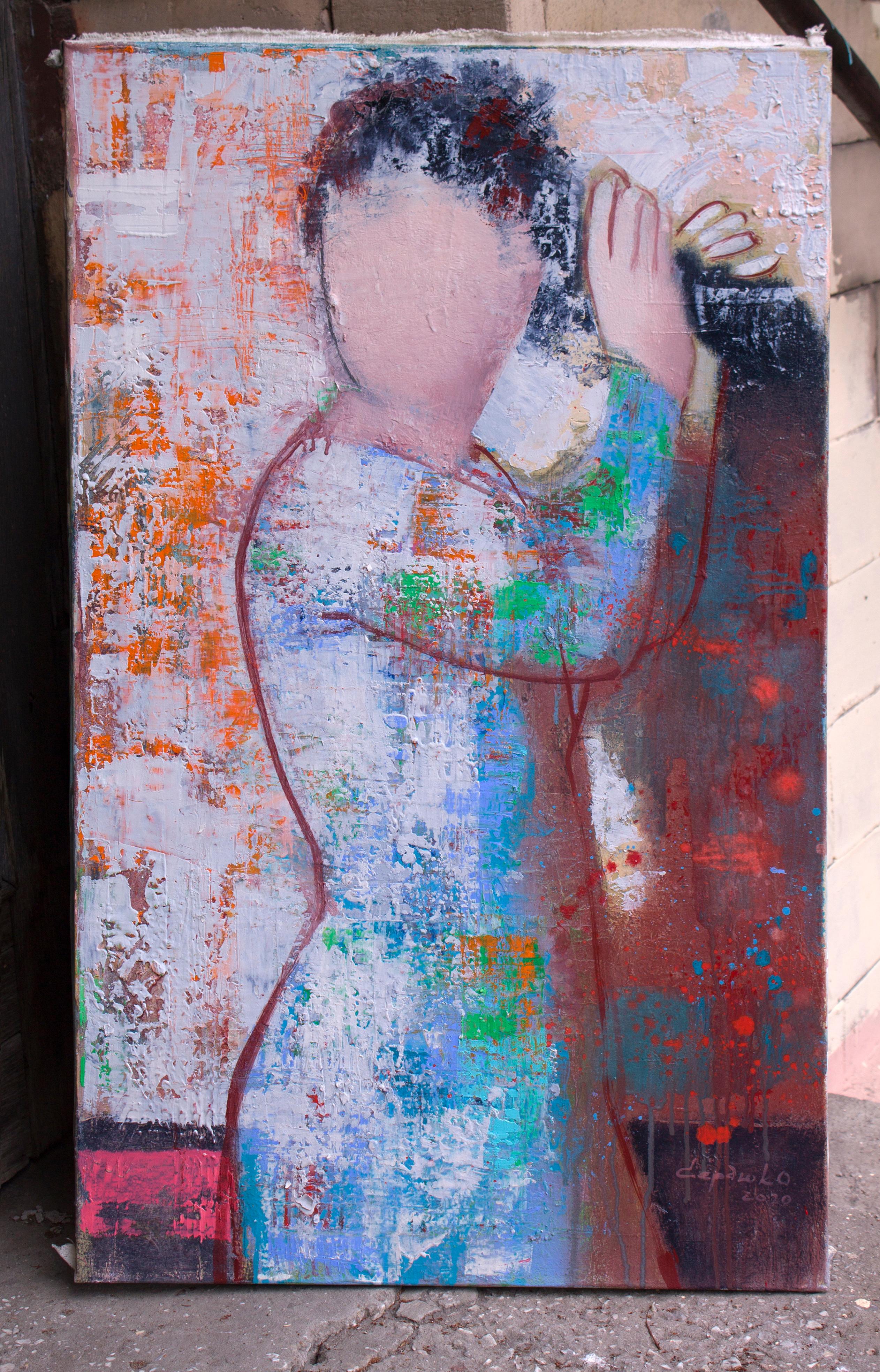 Woman II - Figurative Painting White Pink Blue Brown Yellow - Gray Portrait Painting by Oleksandr Serdiuk