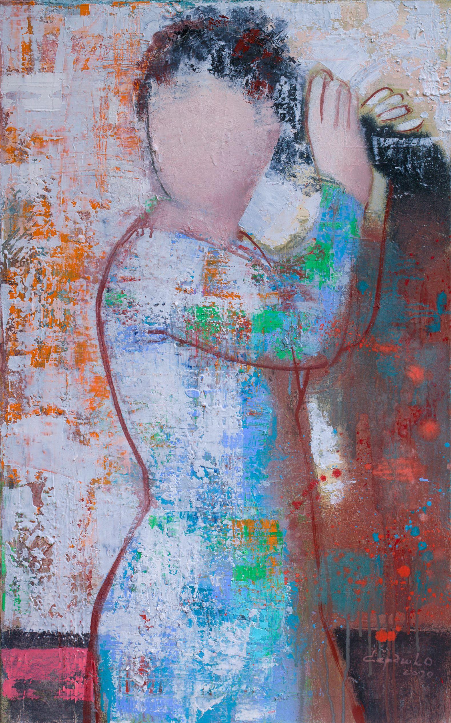 Oleksandr Serdiuk Portrait Painting - Woman II - Figurative Painting White Pink Blue Brown Yellow