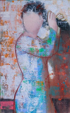Woman II - Figurative Painting White Pink Blue Brown Yellow