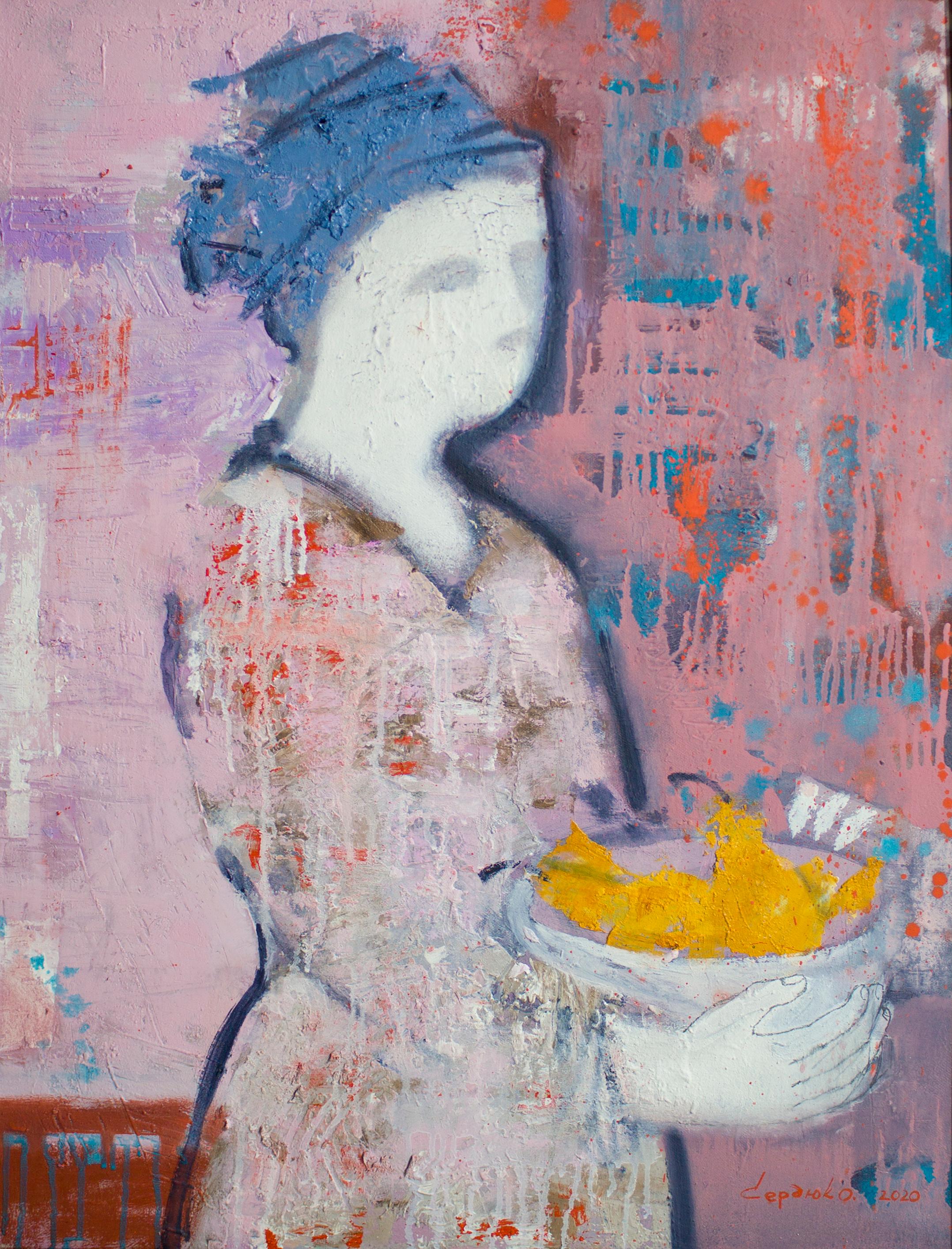 Oleksandr Serdiuk Portrait Painting - Woman - Figurative Painting White Pink Blue Brown Yellow