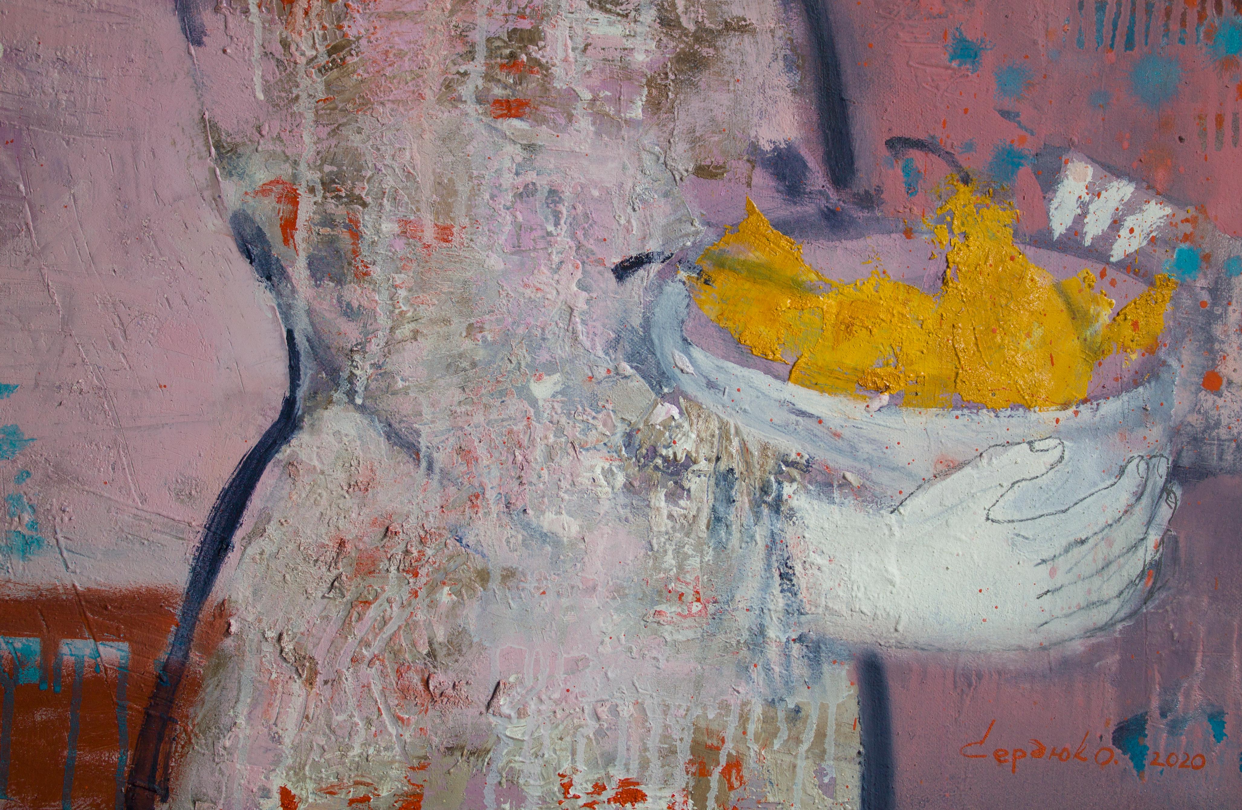 Woman - Figurative Painting White Pink Blue Brown Yellow 1