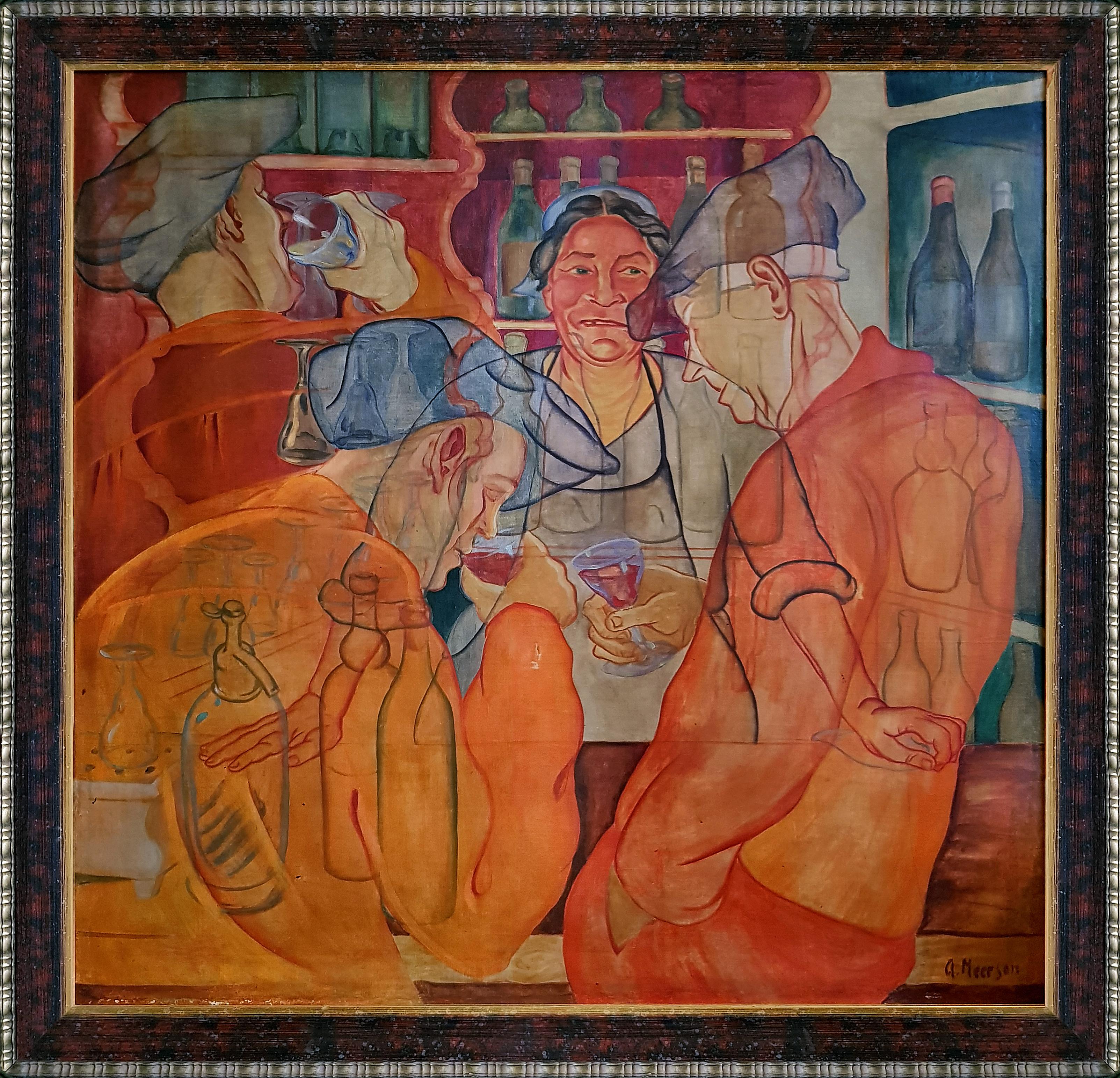 In The Pub - Innenraum Figuratives Gemälde in Öl auf Leinwand in Rot, Orange, Blau und Grau