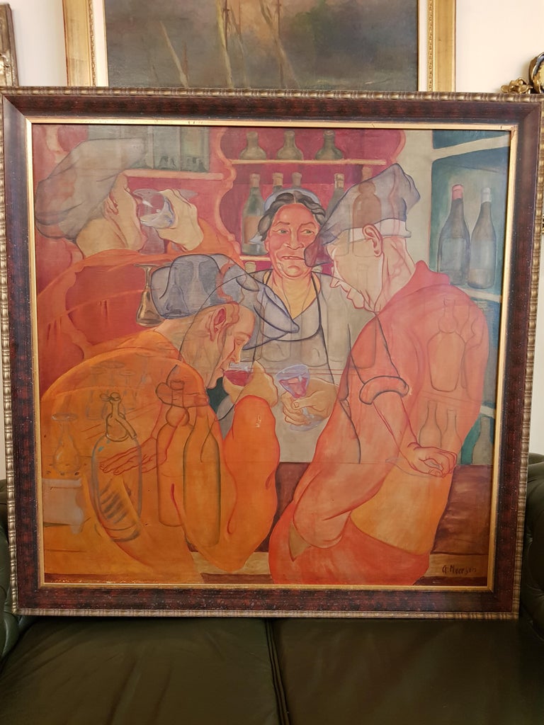 In The Pub - Interior Figurative Painting oil canvas Red Orange Blue Grey White For Sale 1