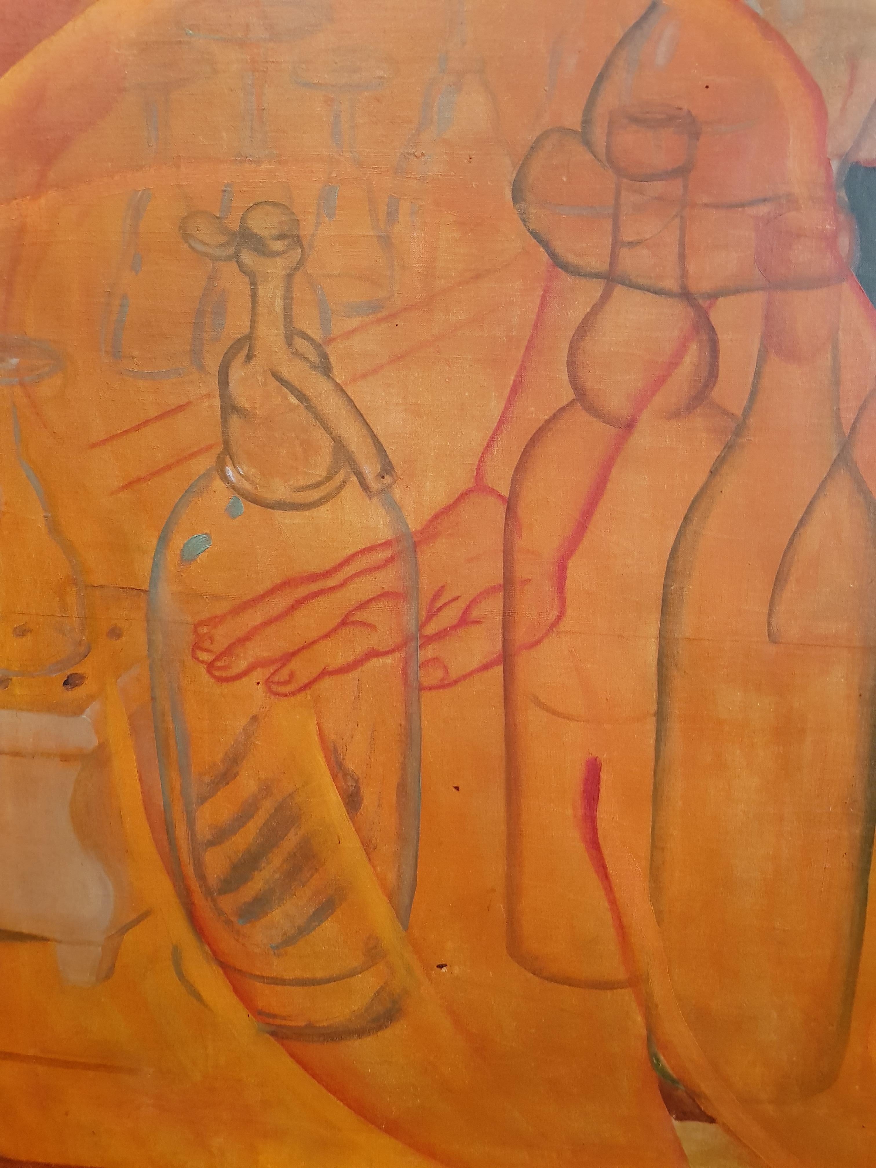 In The Pub - Innenraum Figuratives Gemälde in Öl auf Leinwand in Rot, Orange, Blau und Grau im Angebot 2