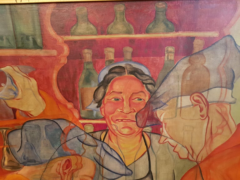 In The Pub - Interior Figurative Painting oil canvas Red Orange Blue Grey White For Sale 8