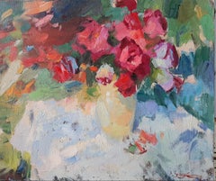 July Roses - Still-Life Painting Oil Canvas Red Blue Yellow Green White Purple