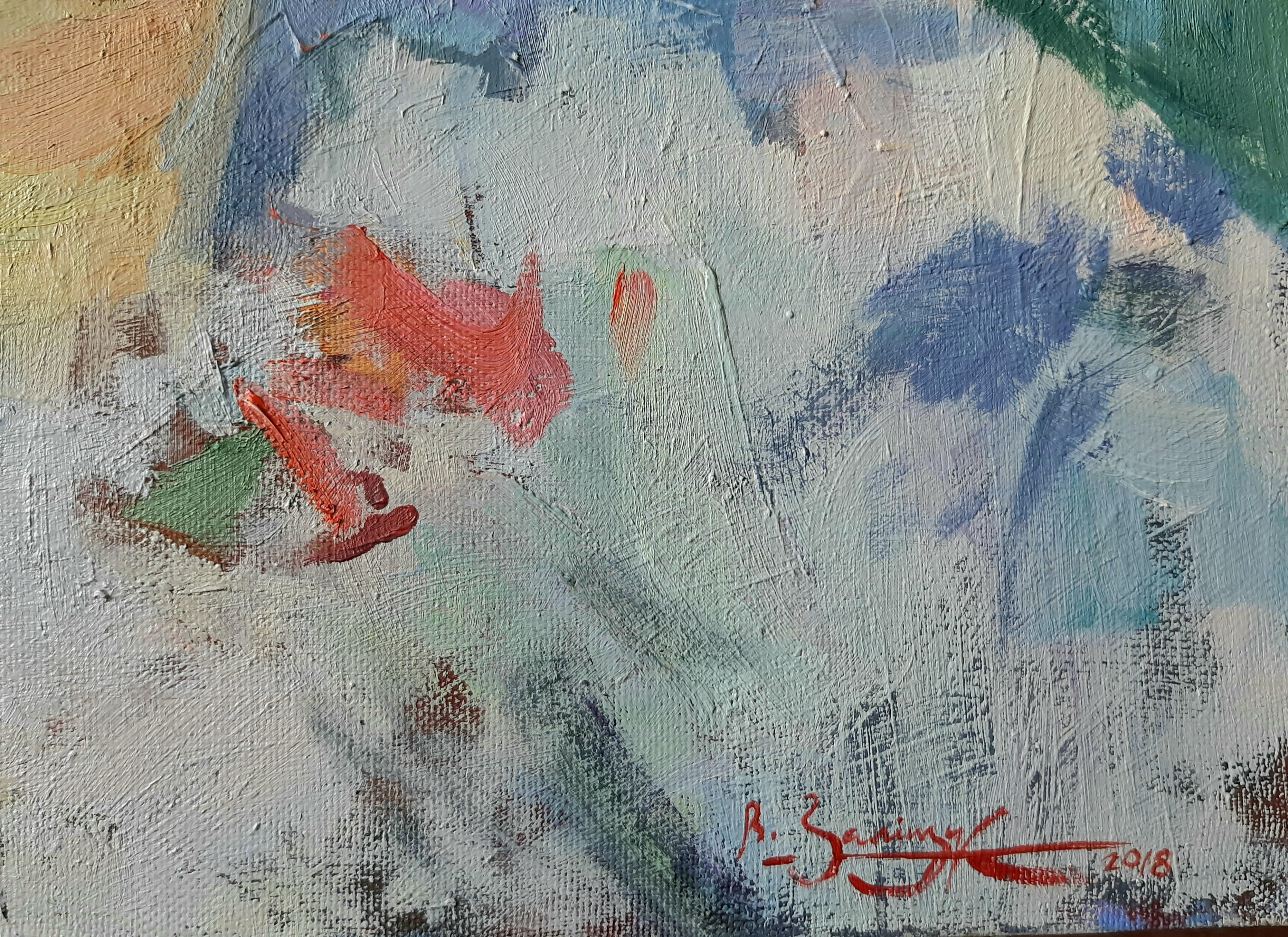 July Roses - Stillleben, Ölgemälde auf Leinwand in Rot, Blau, Gelb, Grün, Weiß und Lila (Grau), Still-Life Painting, von Valeriy Zalishchuk
