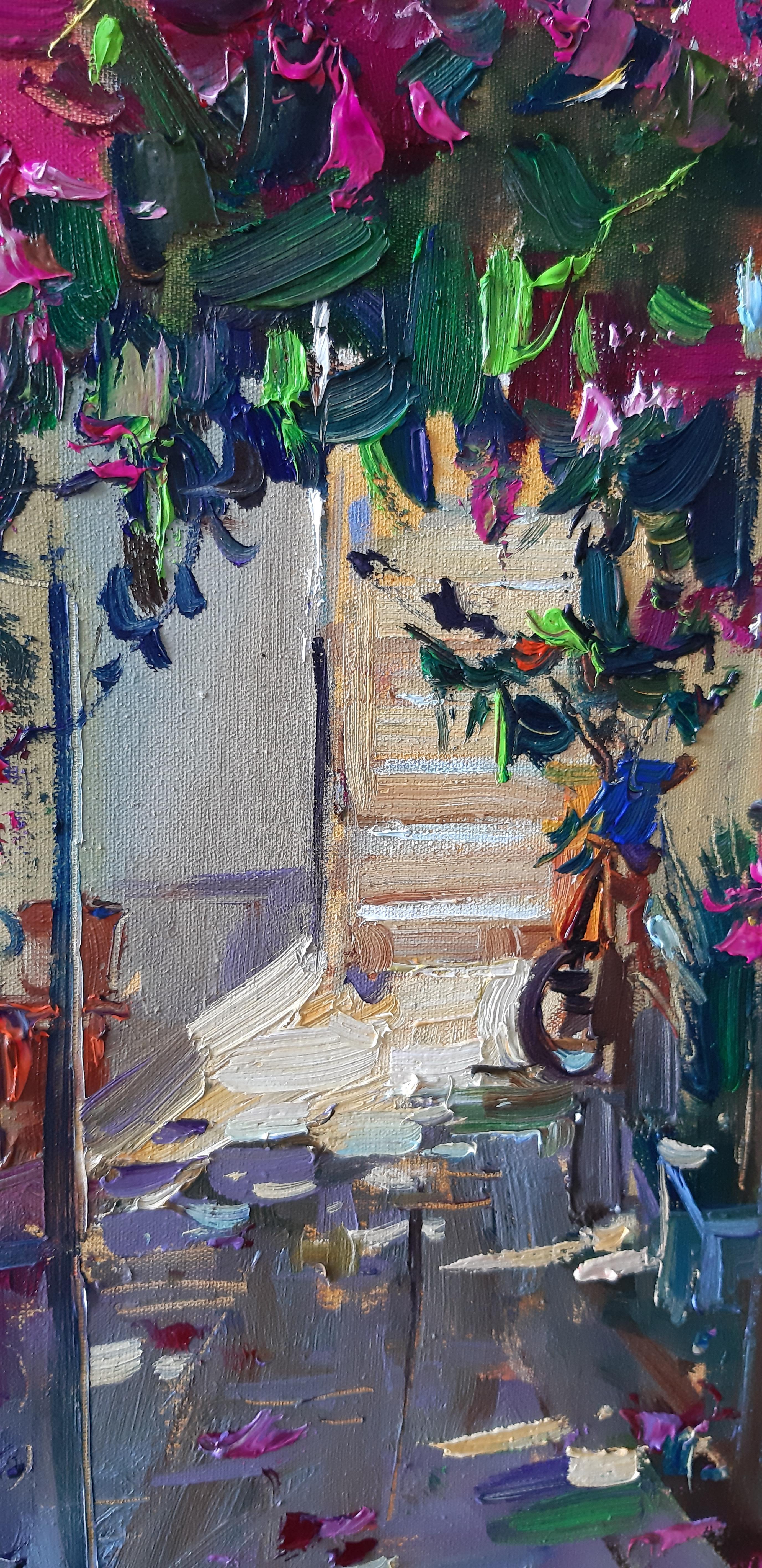 Cortile accogliente a Turung - Colori del paesaggio Blu Verde Bianco Marrone Viola Giallo - Painting di Alina Khrapchynska