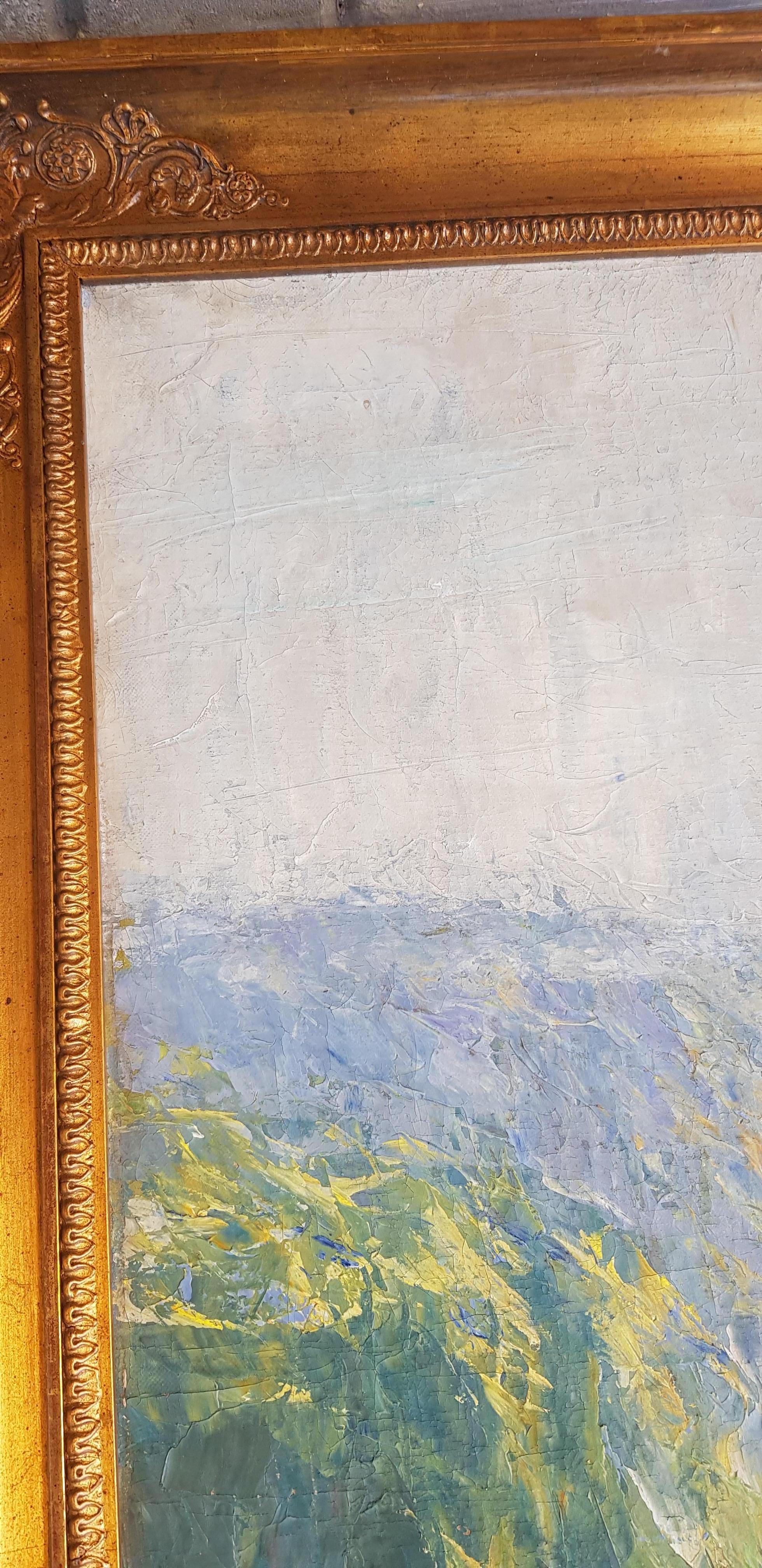 Marzo - Paesaggio dipinto su tela ad olio Colori Verde Blu Grigio Bianco Giallo Rosa in vendita 2