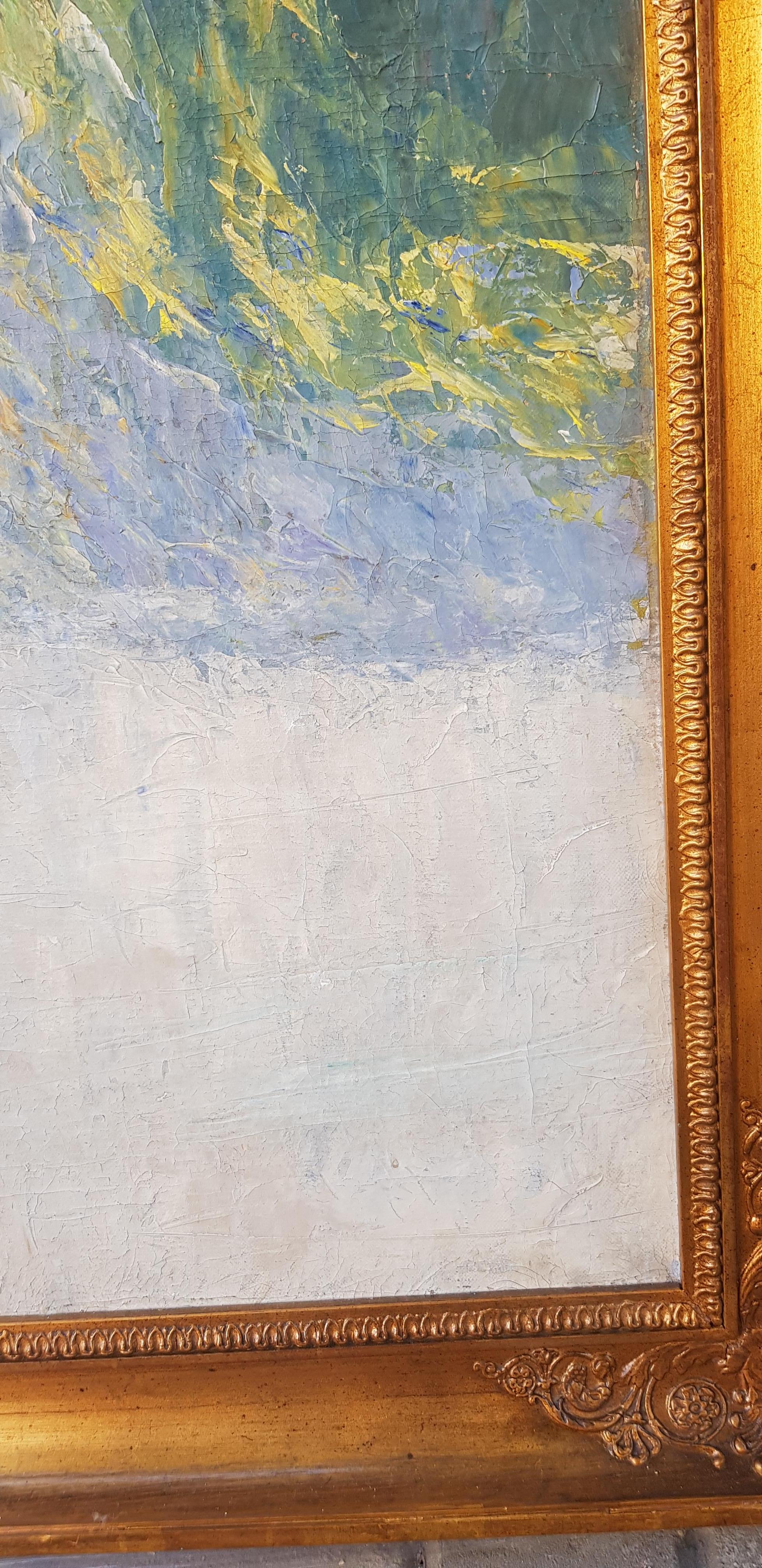 Marzo - Paesaggio dipinto su tela ad olio Colori Verde Blu Grigio Bianco Giallo Rosa in vendita 10