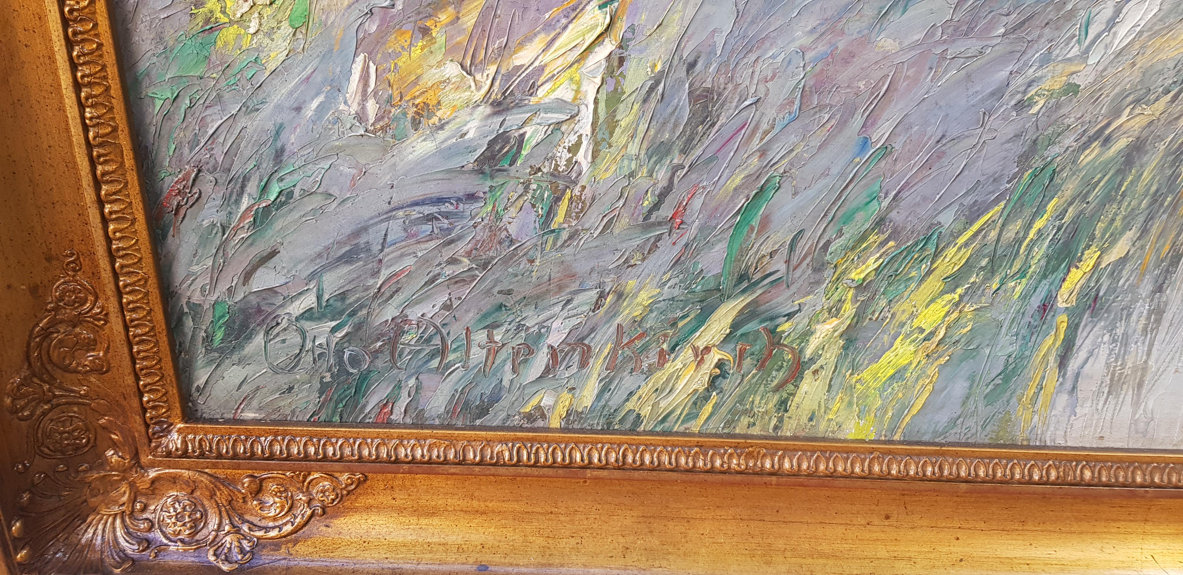 Marzo - Paesaggio dipinto su tela ad olio Colori Verde Blu Grigio Bianco Giallo Rosa - Painting di Otto Altenkirch