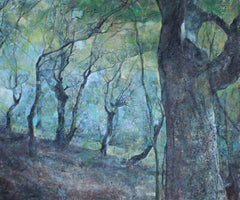Enchanted forest  - Landscape Painting Oil Canvas Green Blue Grey Brown Yellow