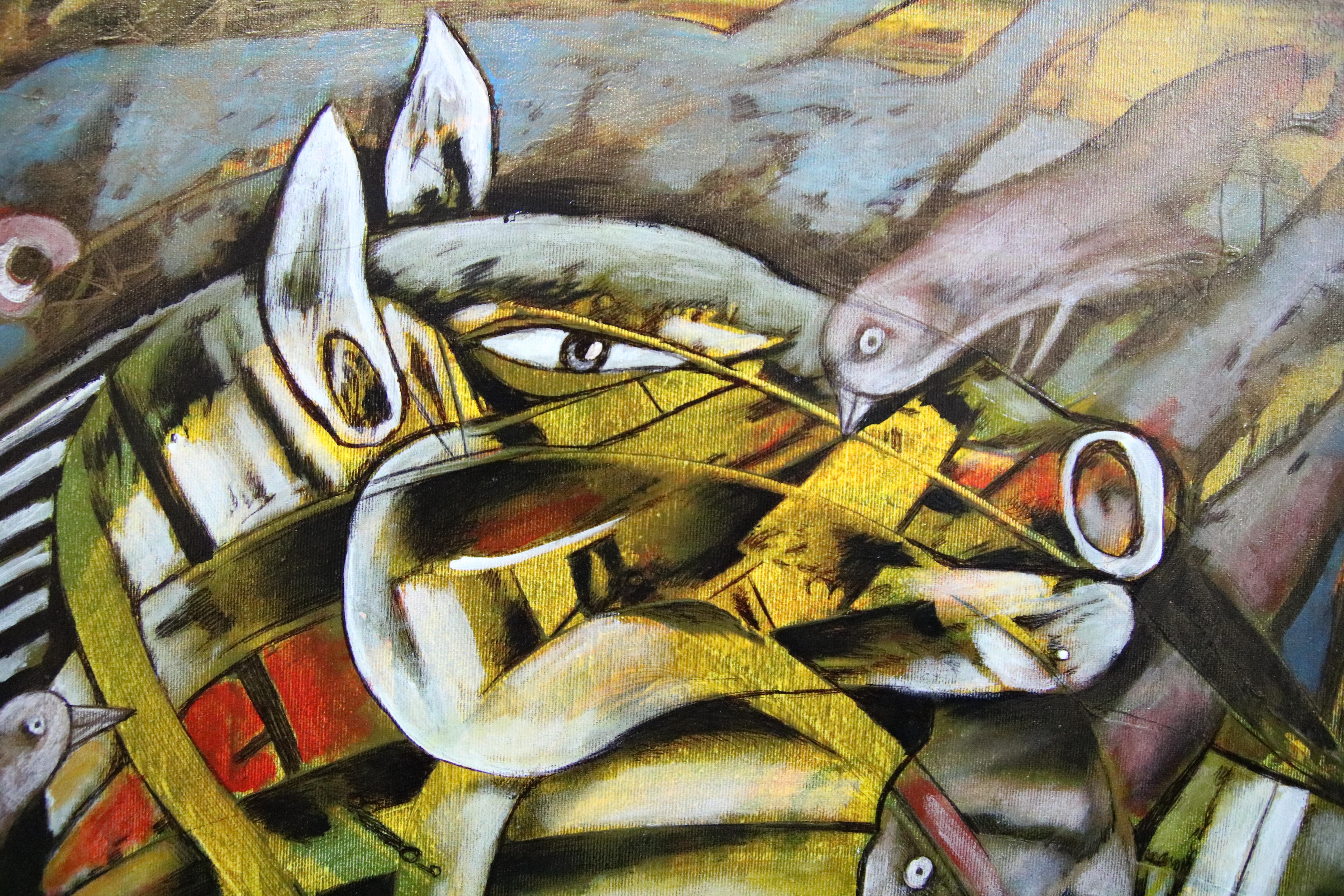Tenec I - Pintura acrílica figurativa Amarillo Azul Marrón Blanco Rojo Negro - Painting de Anatoliy Stankulov