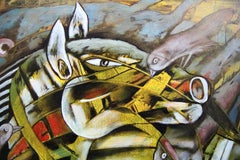 Tenec I - Pintura acrílica figurativa Amarillo Azul Marrón Blanco Rojo Negro