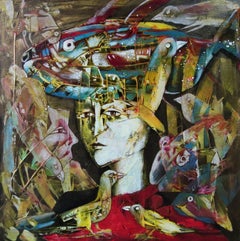 Tenec II - Figurative acrylic Painting Yellow Blue Brown White Red Black