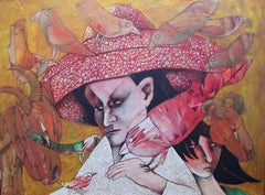 Tenec III - Figurative acrylic Painting Yellow Blue Brown White Red Black