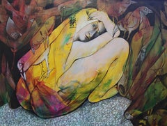 Tenec 4 - Figurative acrylic Painting Yellow Blue Brown White Red Black