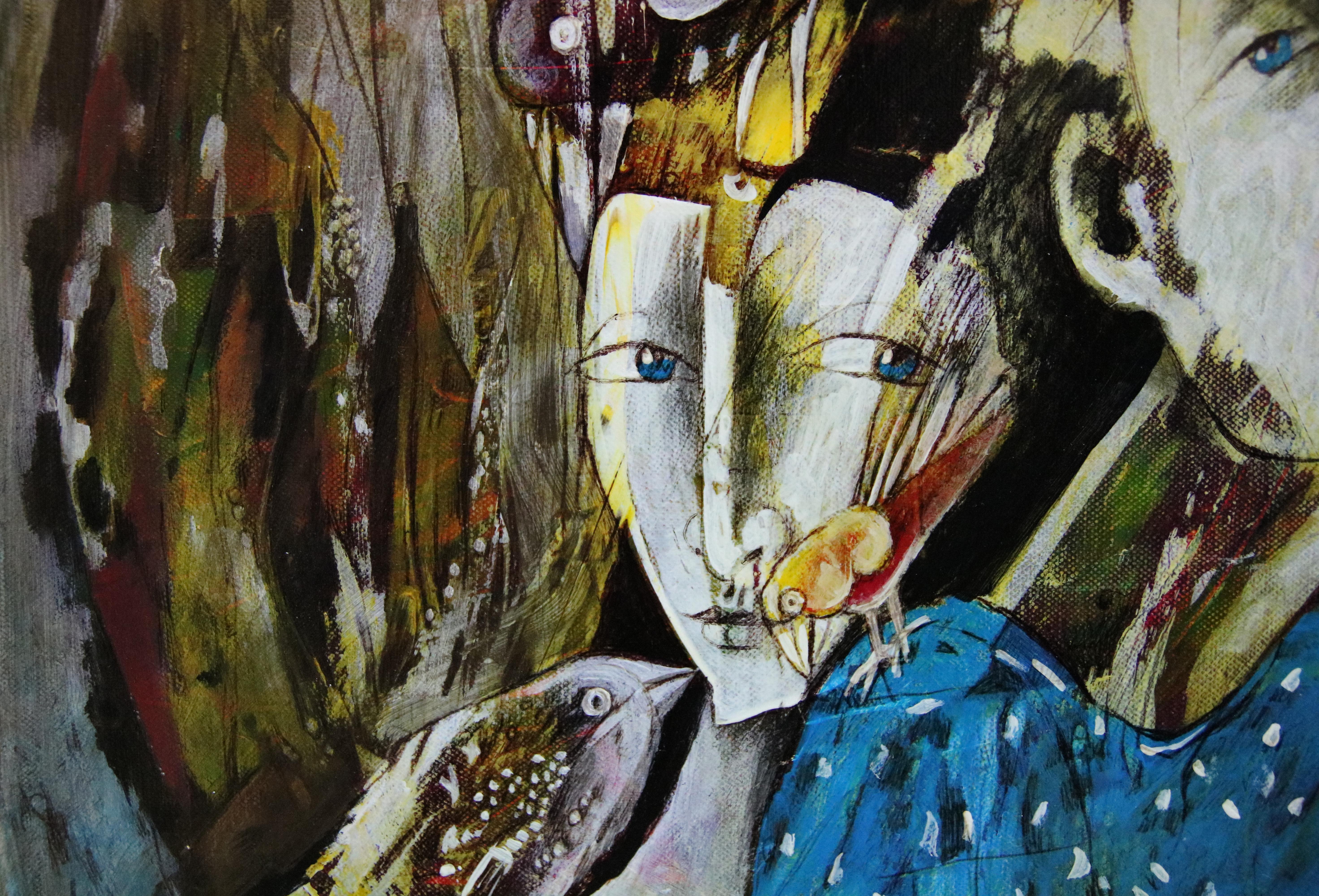 Tenec 5 - Figuratives Acrylgemälde in Gelb, Blau, Braun, Weiß, Rot und Schwarz  – Painting von Anatoliy Stankulov