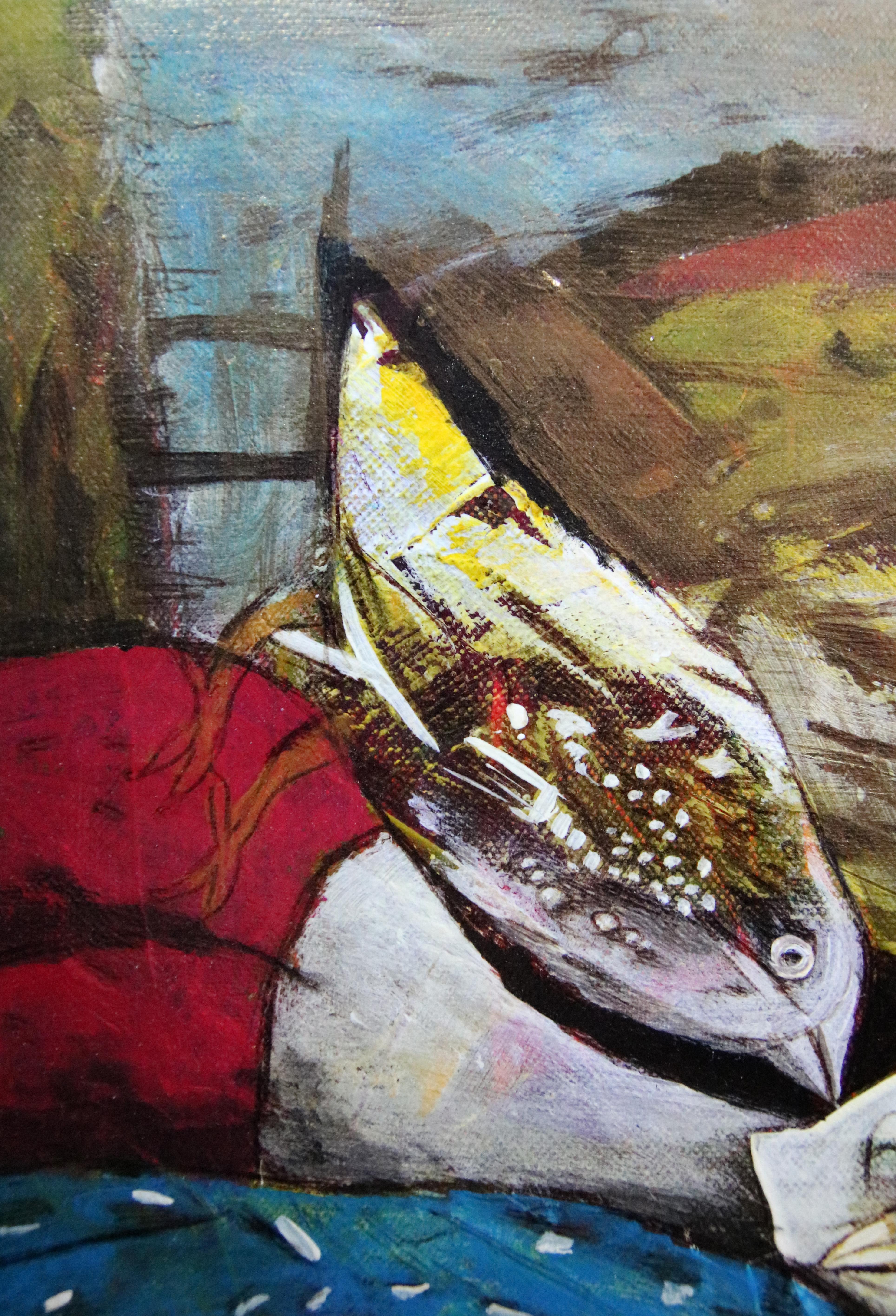 Tenec 5 - Figuratives Acrylgemälde in Gelb, Blau, Braun, Weiß, Rot und Schwarz  (Abstrakt), Painting, von Anatoliy Stankulov