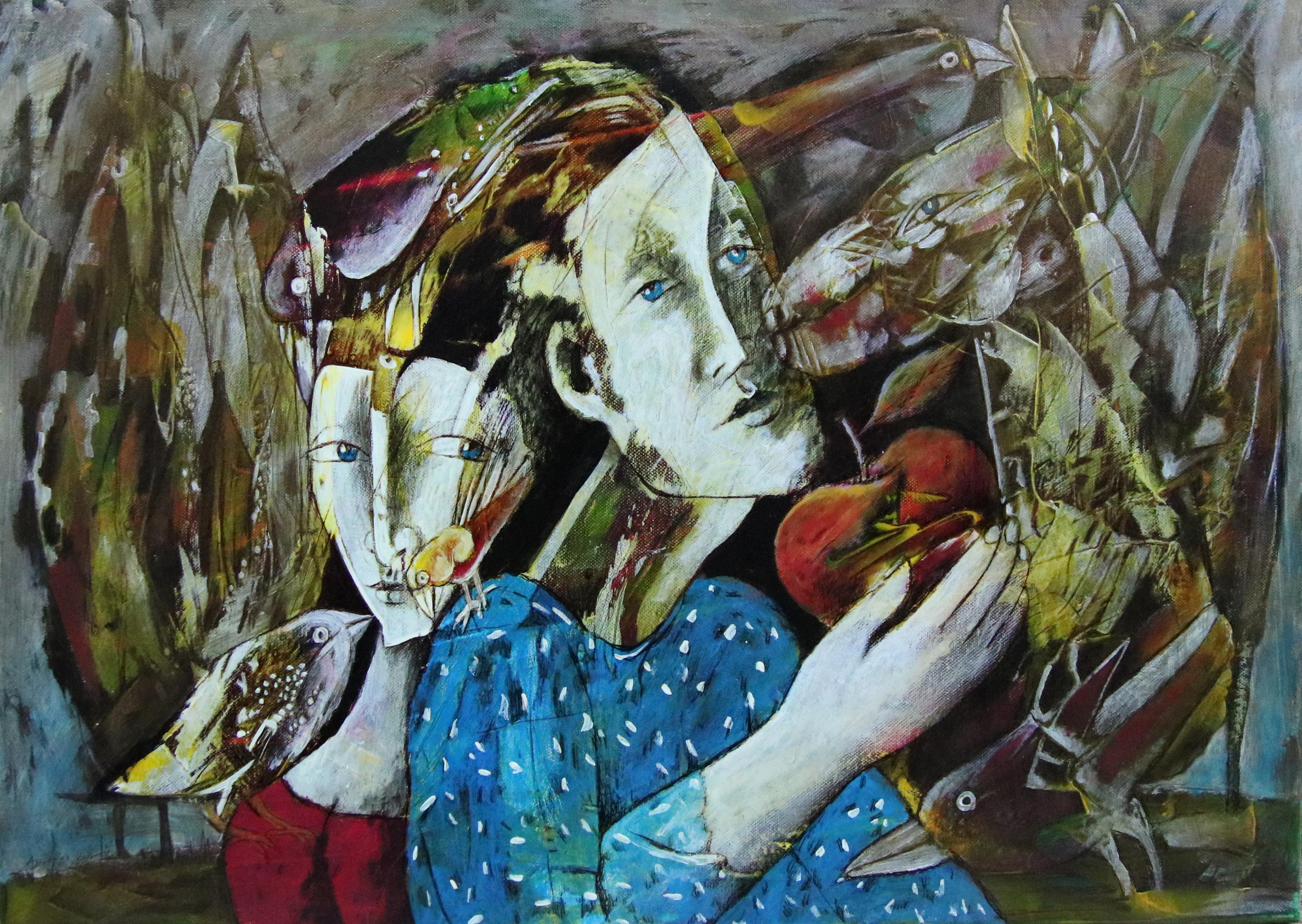 Anatoliy Stankulov Figurative Painting – Tenec 5 - Figuratives Acrylgemälde in Gelb, Blau, Braun, Weiß, Rot und Schwarz 